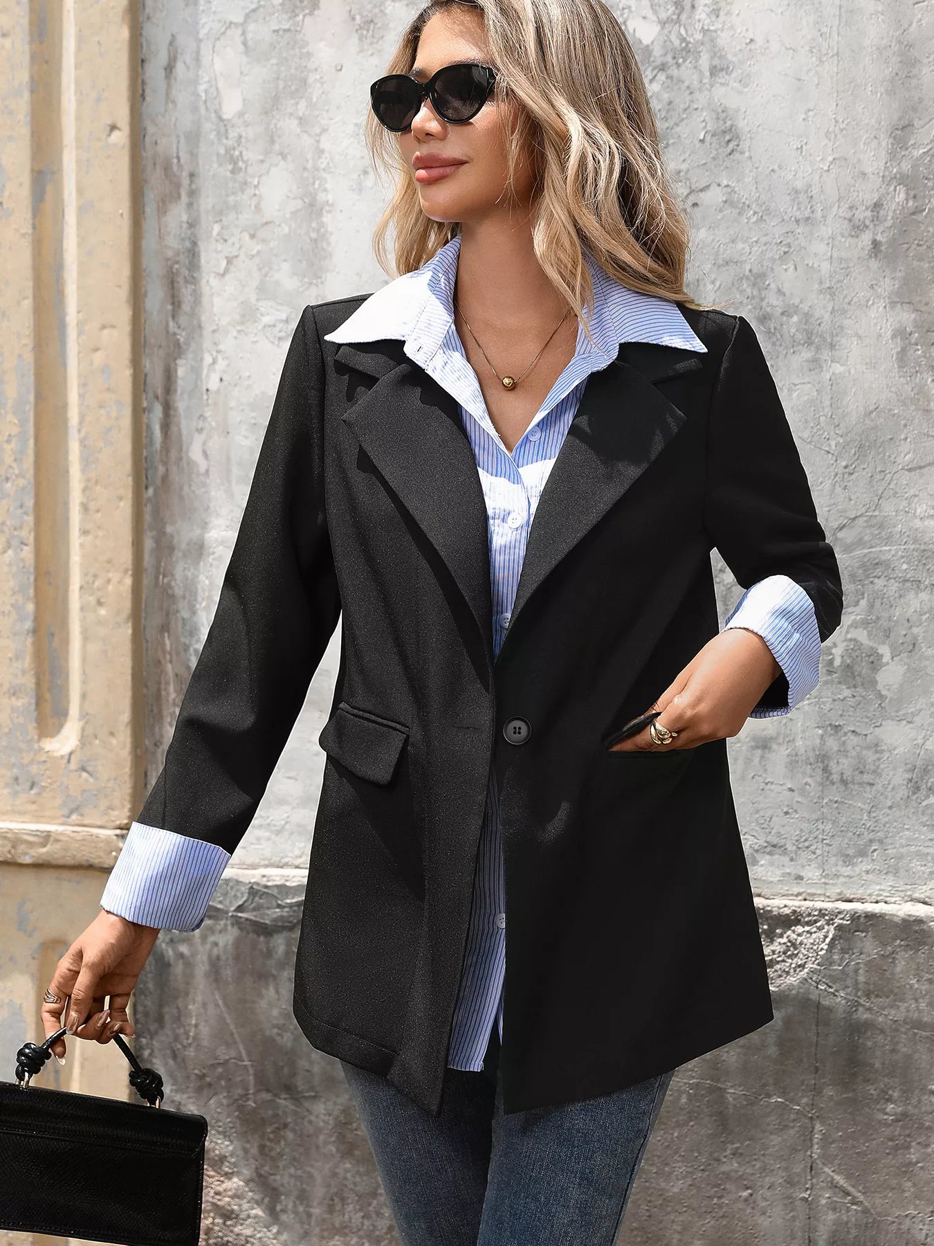 Striped Collar Long Sleeve Fake Two-Piece Blazer Secondary image