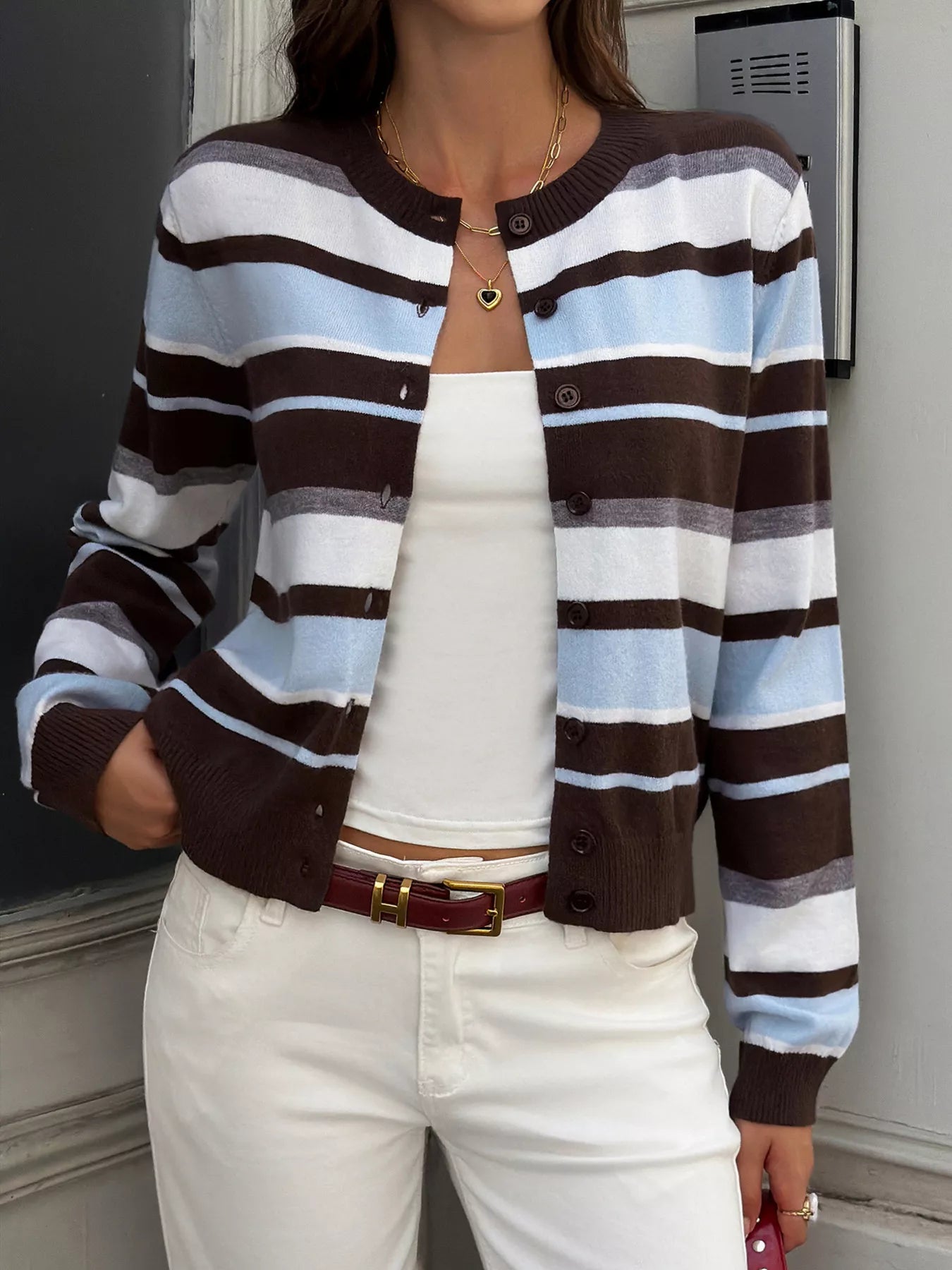 Striped Knit Button-Down Cardigan Secondary image