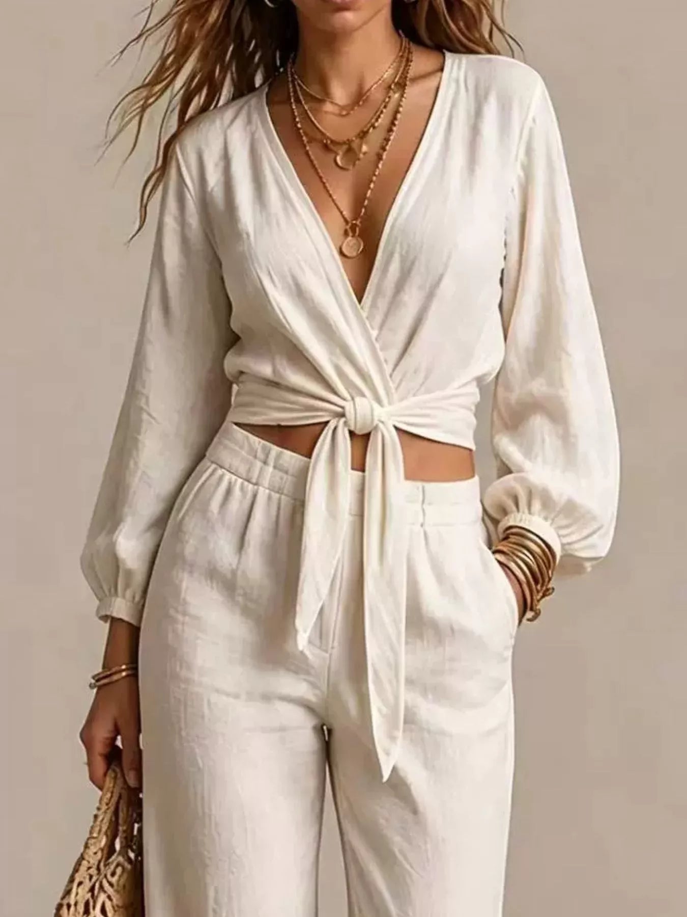 Tie-Front Crop Top and Wide-Leg Pant Set Secondary image