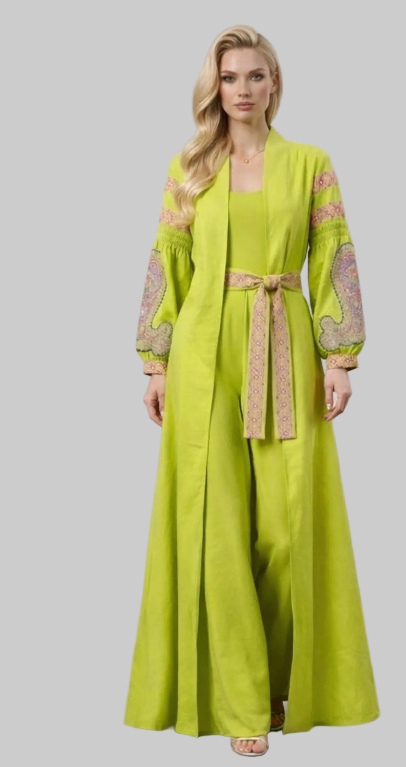 Lime Long Cardigan with Embroidered Sleeves Main image