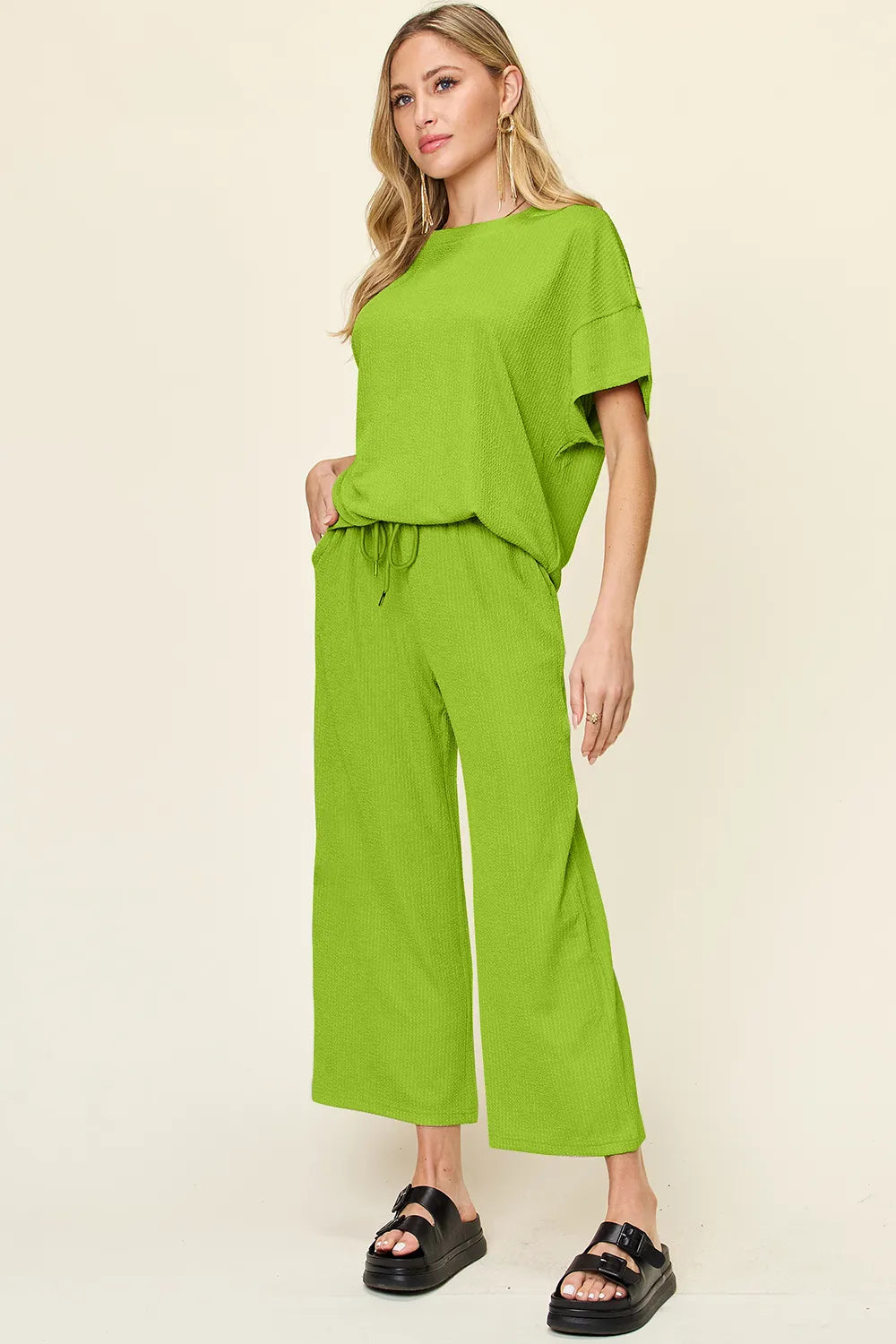 Double Take Full Size Texture Round Neck Short Sleeve T-Shirt and Wide Leg Pants Secondary image