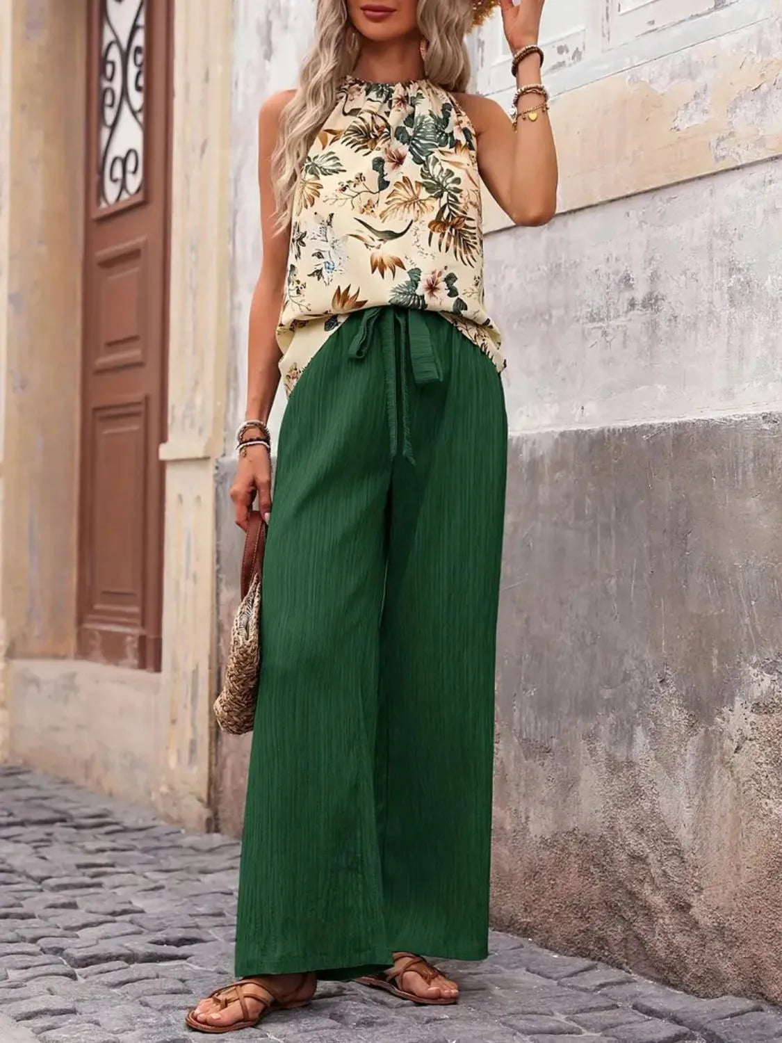 Printed Tank Top and Wide Leg Pants Set Secondary image