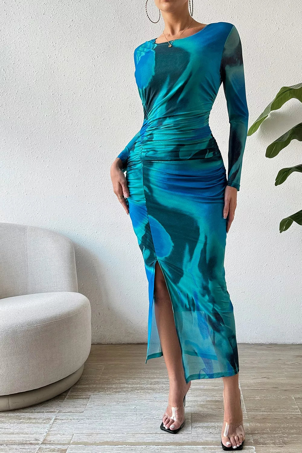 Ruched Tie-Dye Midi Dress with High Slit Secondary image