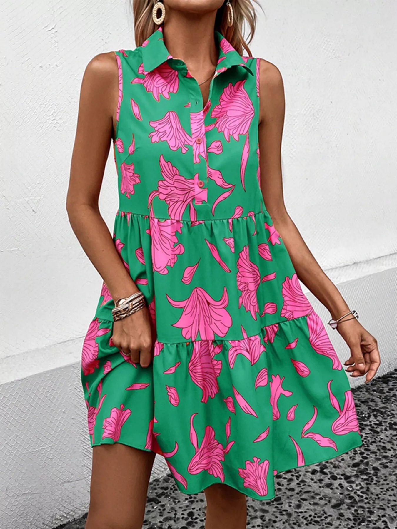 Sleeveless Floral Print Tiered Shirt Dress Secondary image