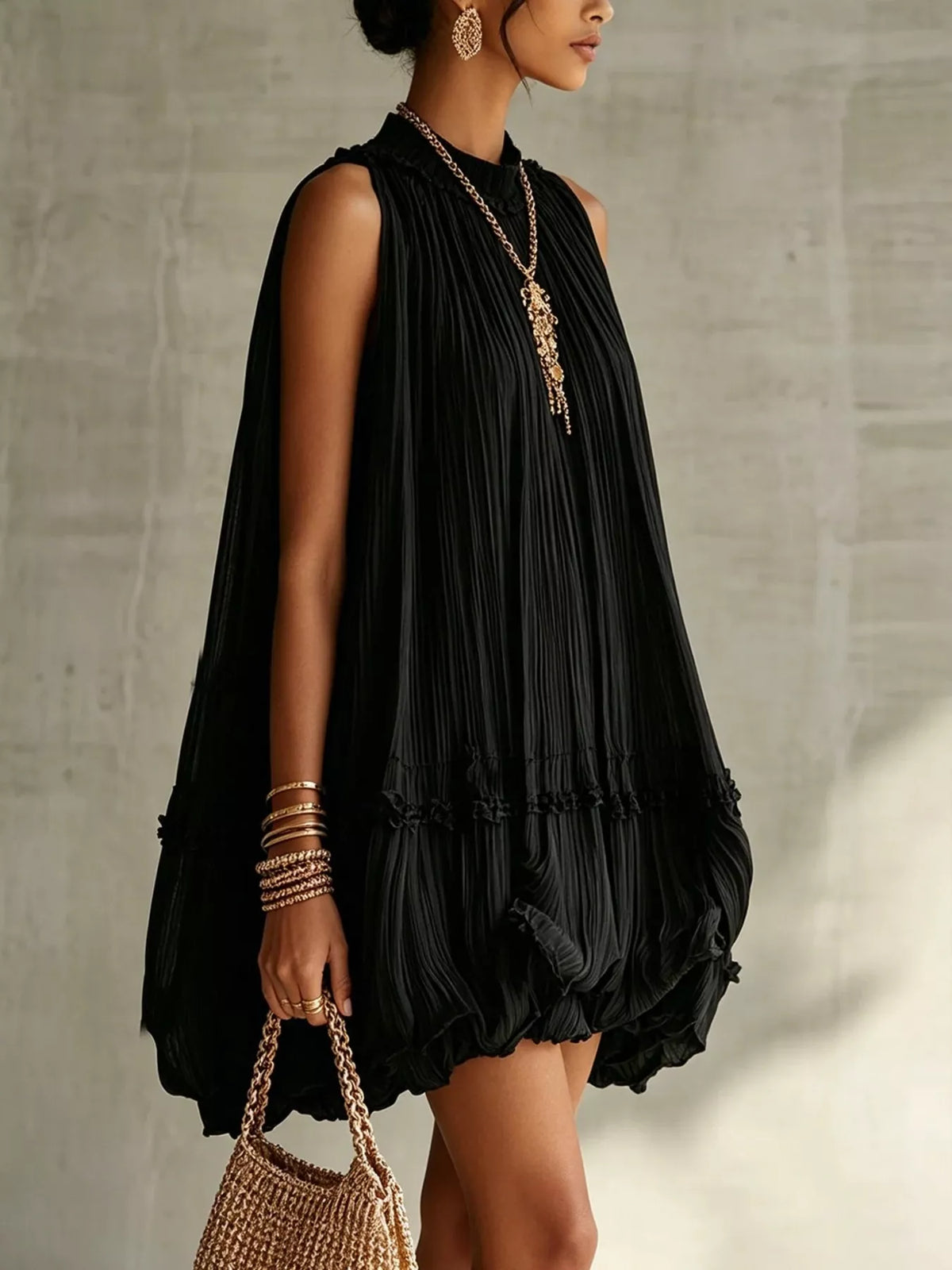 Pleated Mock Neck Sleeveless Mini Dress - photo 9