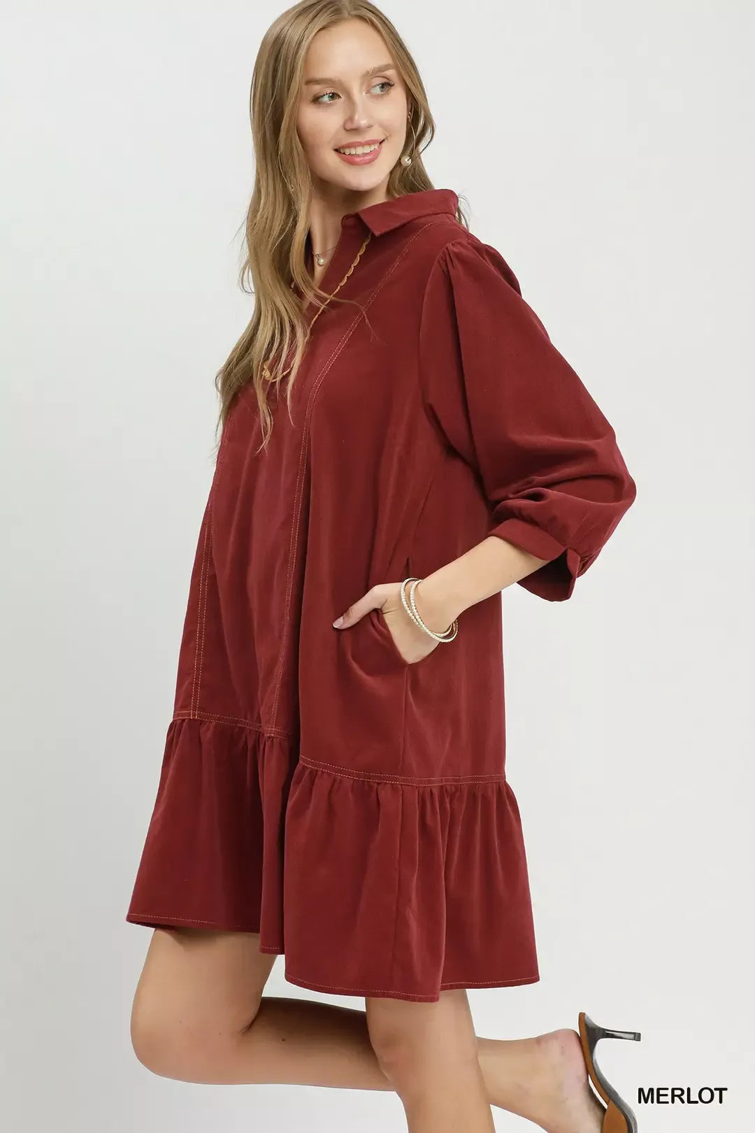 Umgee Corduroy Contrast Trim Tiered Babydoll Dress Secondary image