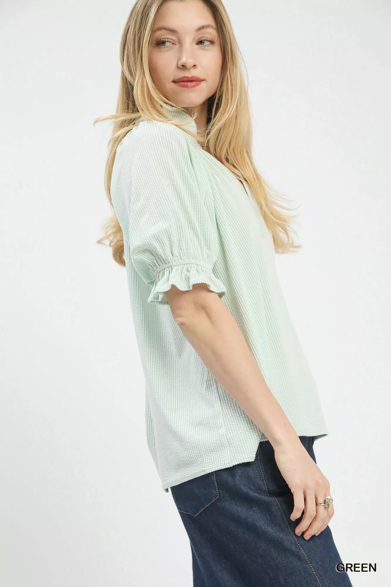 Umgee Textured Ruffle Sleeve V-Neck Top Secondary image