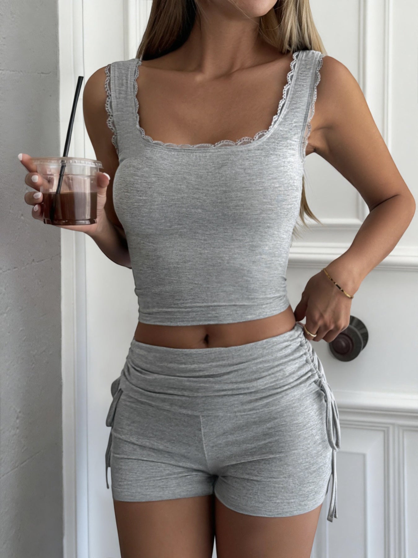 Lace Trim Tank Top and Drawstring Shorts Set Secondary image