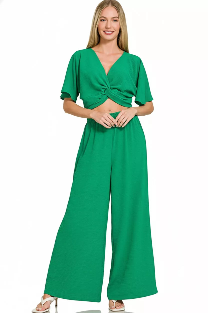 Zenana Woven Airflow Twisted Top & Wide Leg Pants Set Secondary image