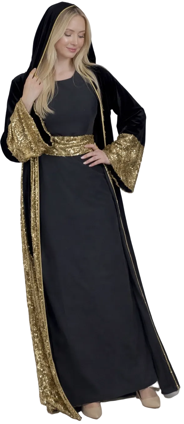 Royal Noir 2-Piece Velvet Kaftan with Gold Sequin Belt Main image