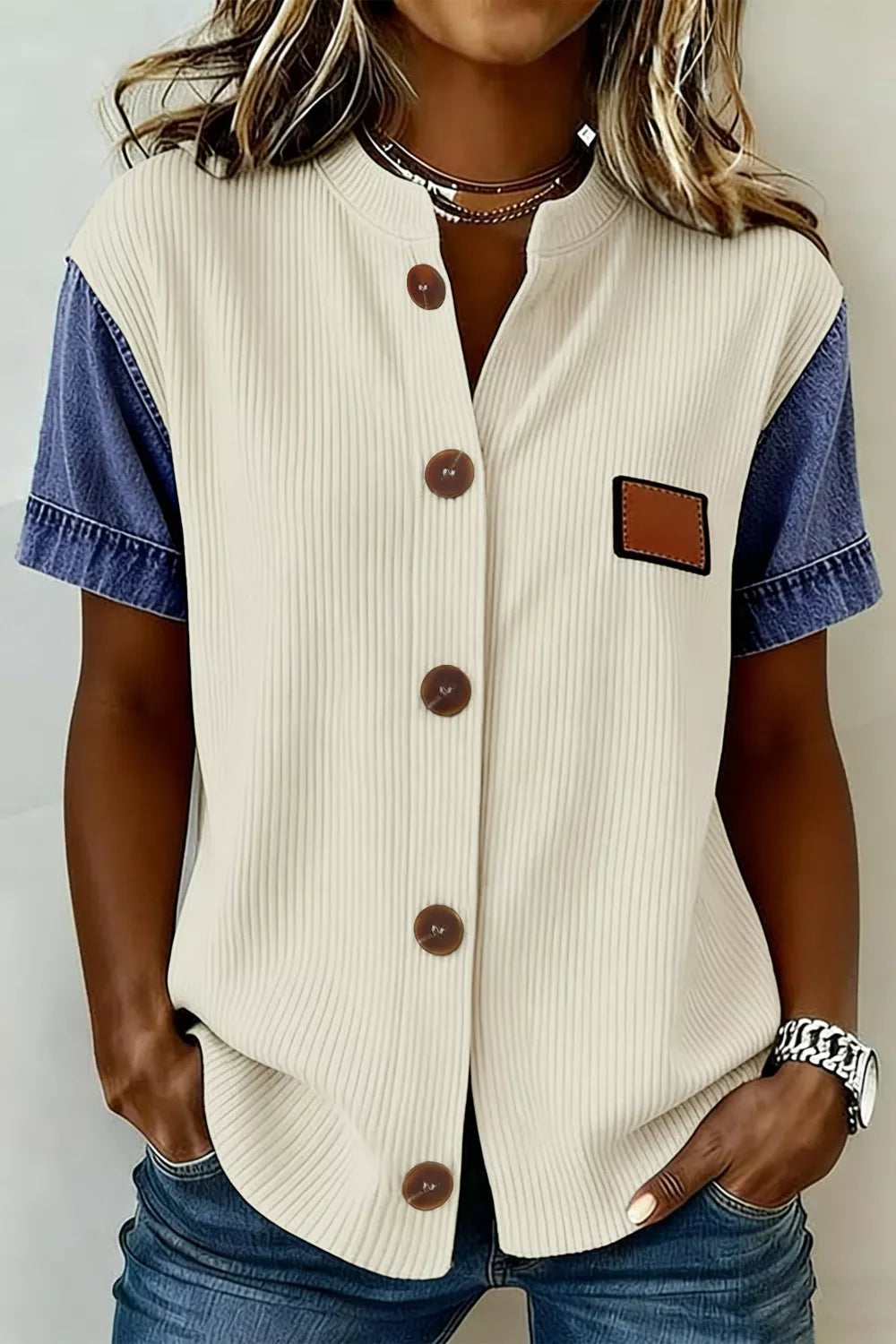 Ribbed Knit Button-Down Shirt with Denim Sleeves Secondary image