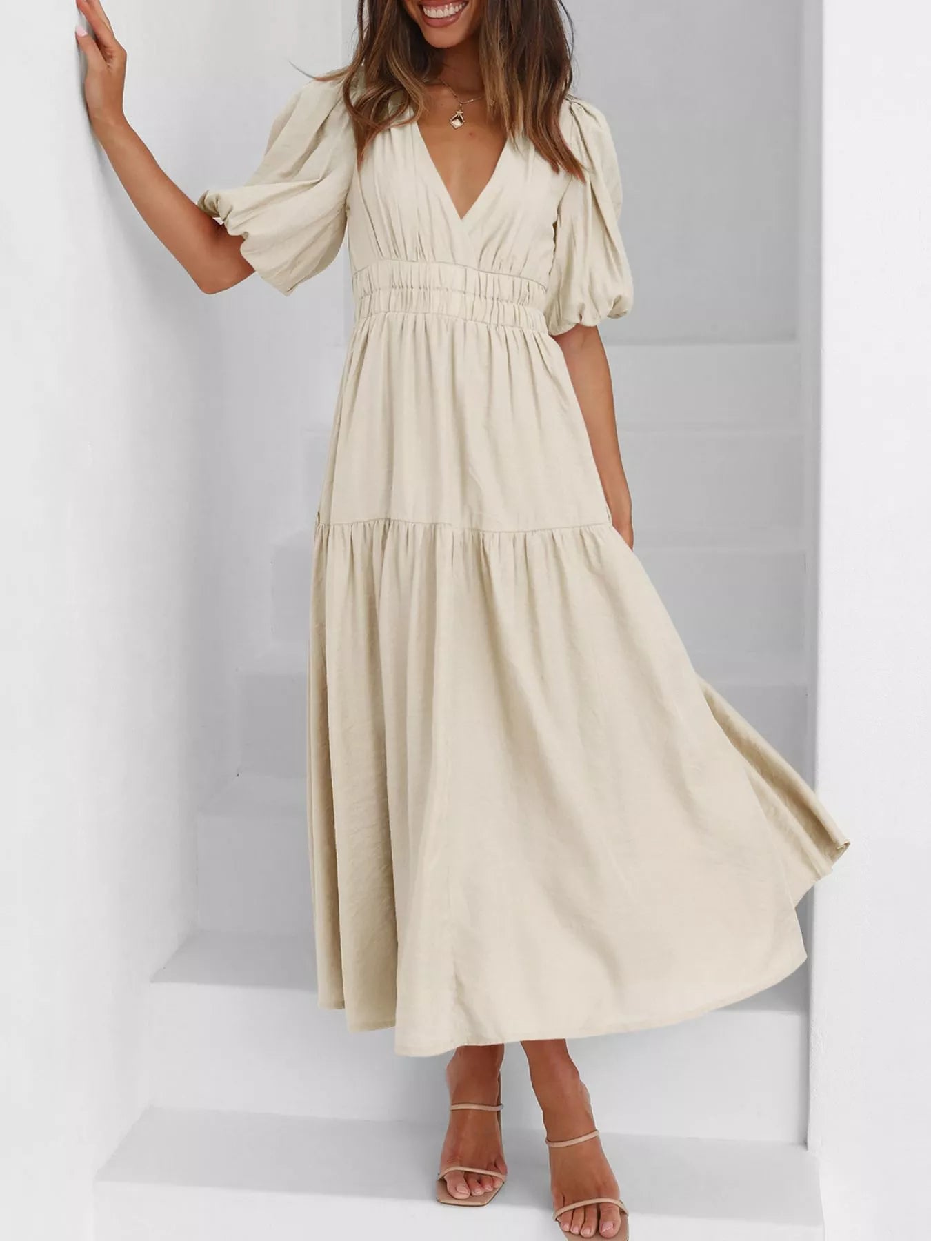 Elegant Puff Sleeve V-Neck Midi Dress Secondary image