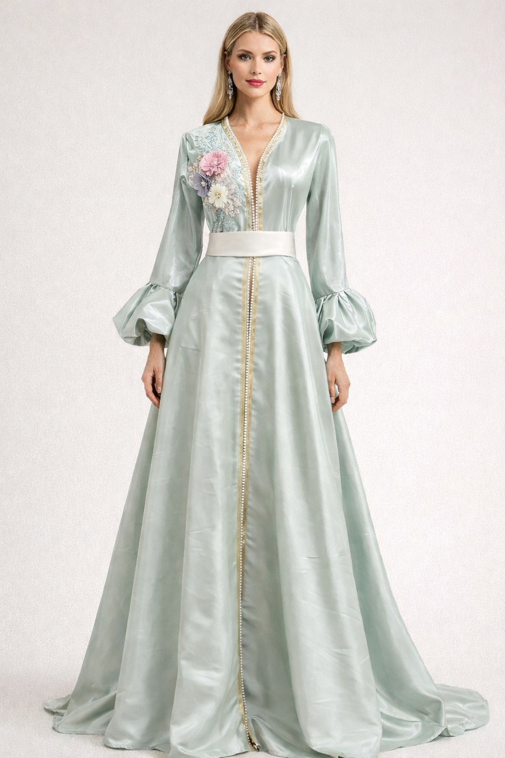 Mint Satin Embroidered Maxi Dress with Balloon Sleeves Main image
