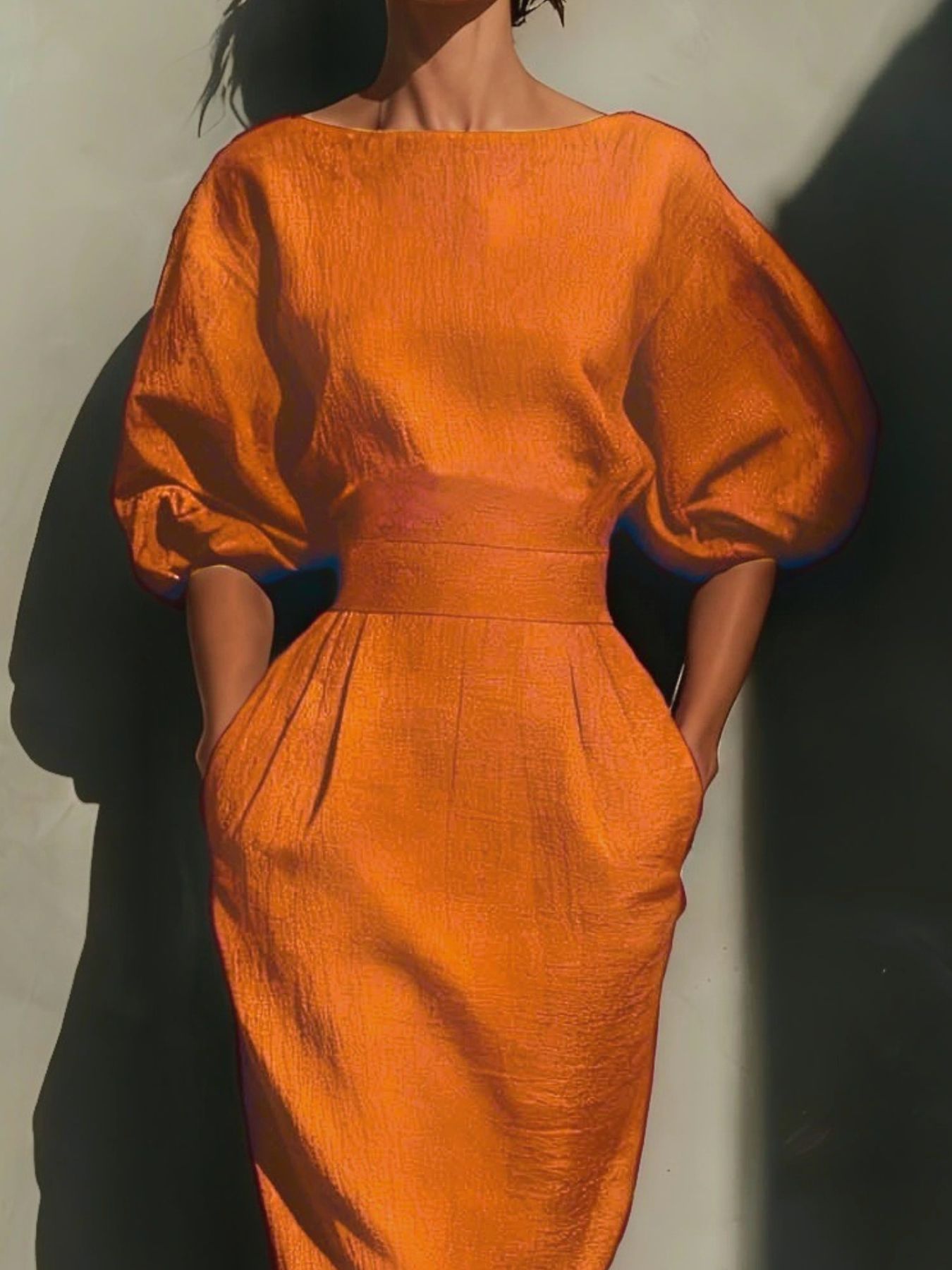 Round Neck Puff Sleeves Midi Dress Secondary image