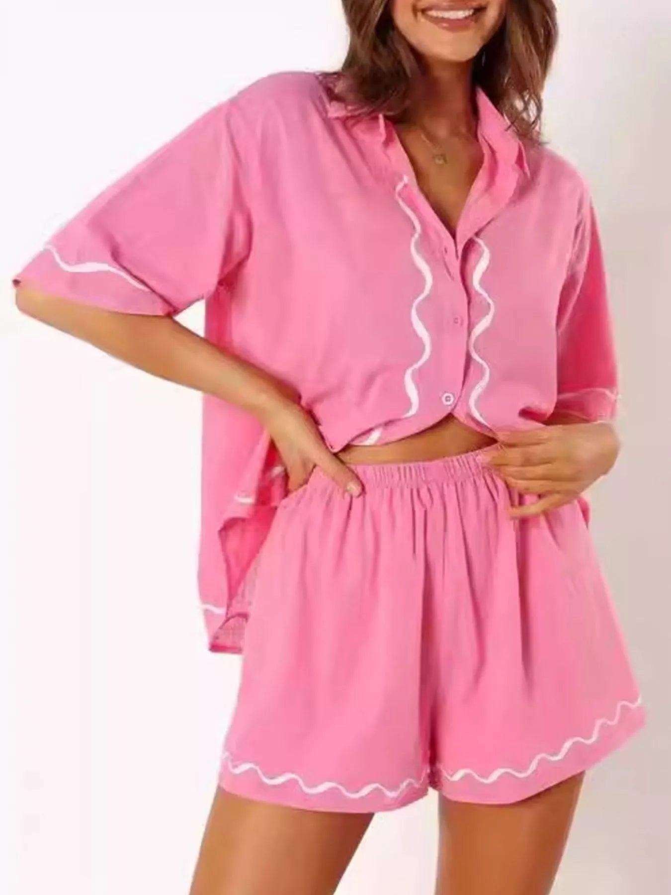 Button Down Contrast Trim Shirt and Shorts Set Secondary image