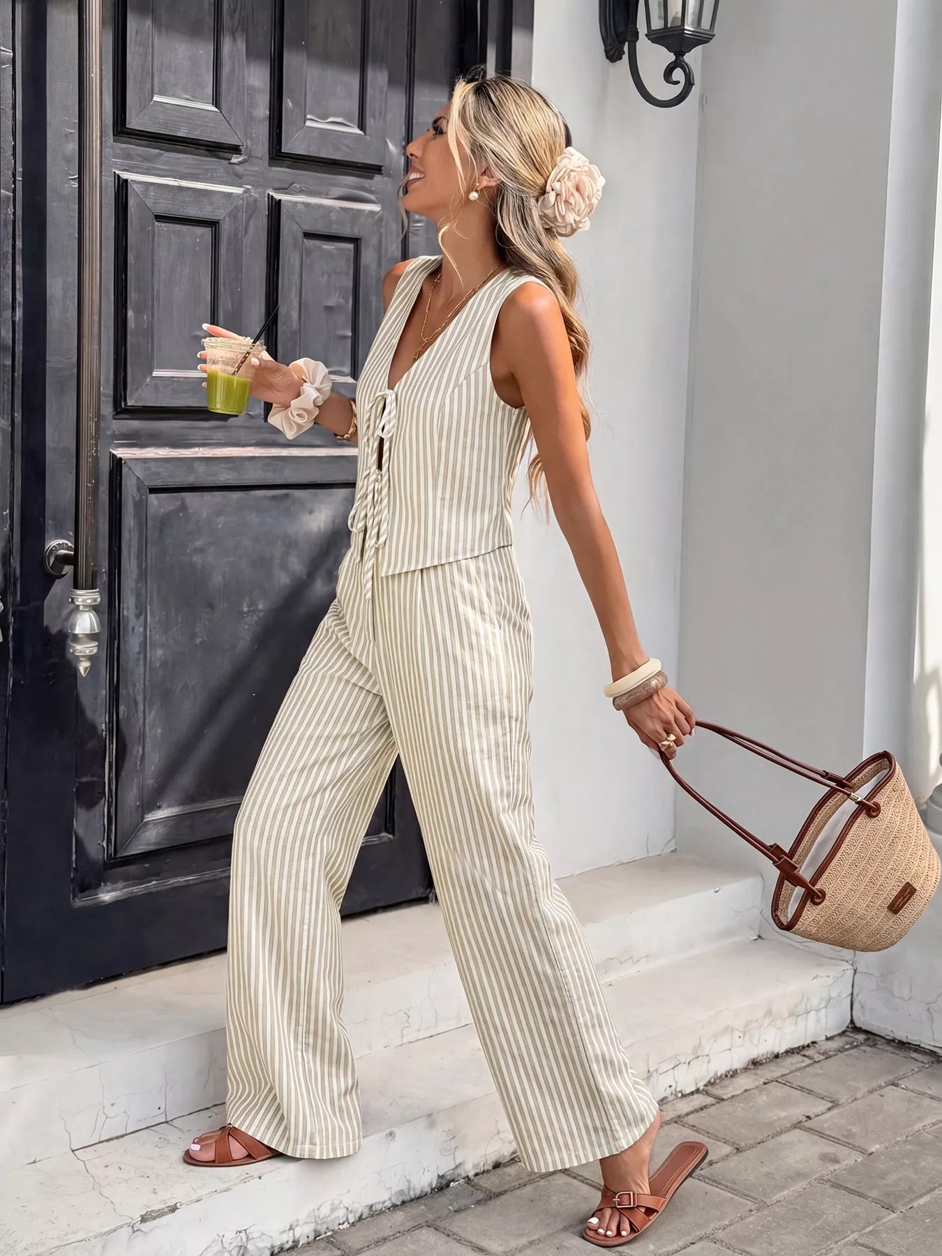 Striped Vest & Wide Leg Pants Set Secondary image