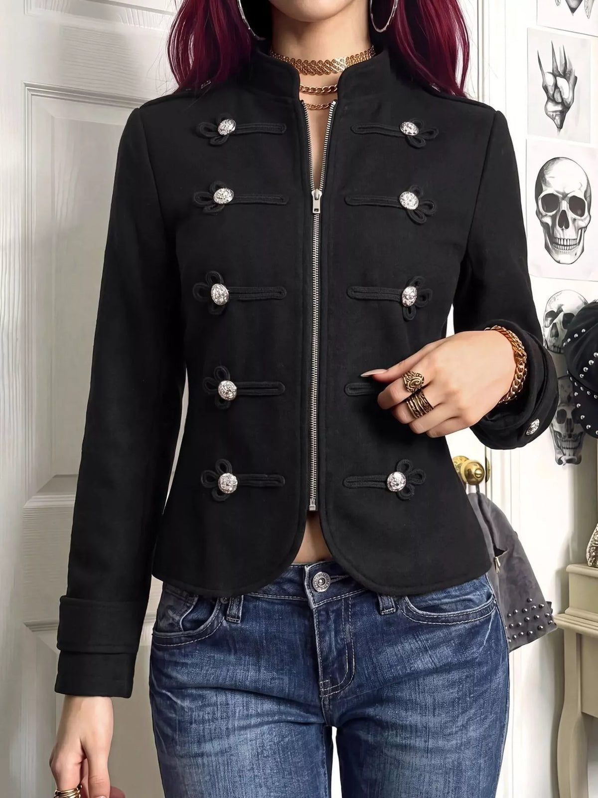 Decorative Button Zip Up Outerwear - photo 3