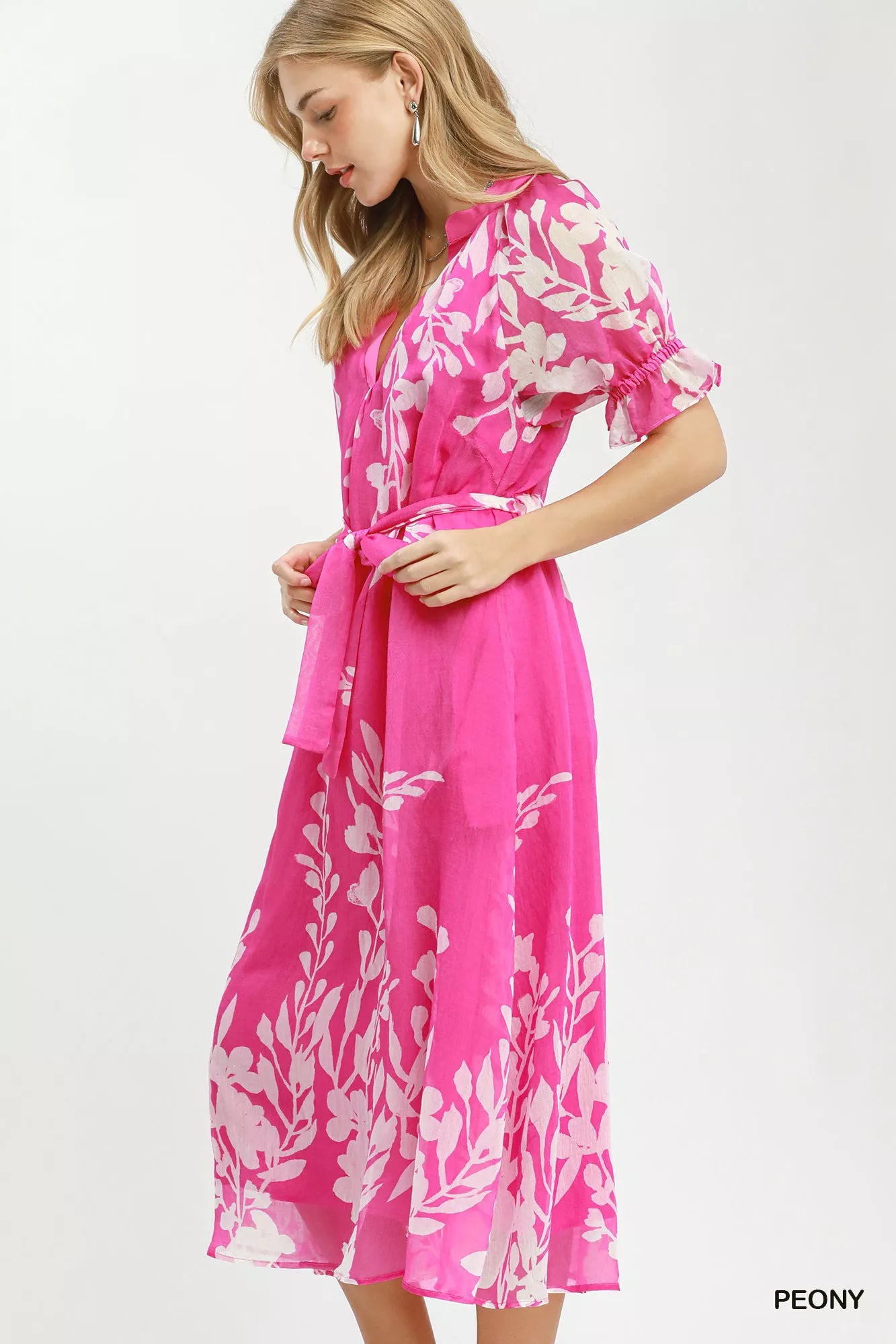 Umgee Floral Print Tie Waist Midi Dress with Side Pockets Secondary image