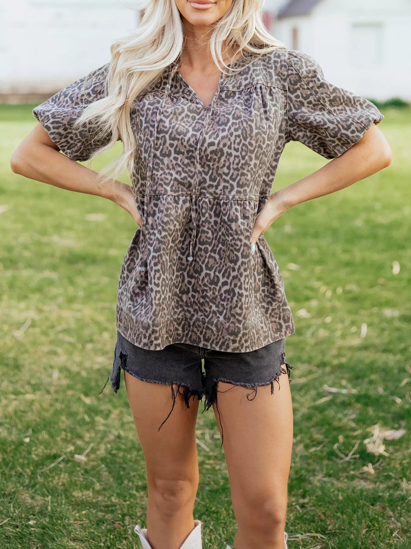 Leopard Print Ruffle Hem Denim Top Secondary image