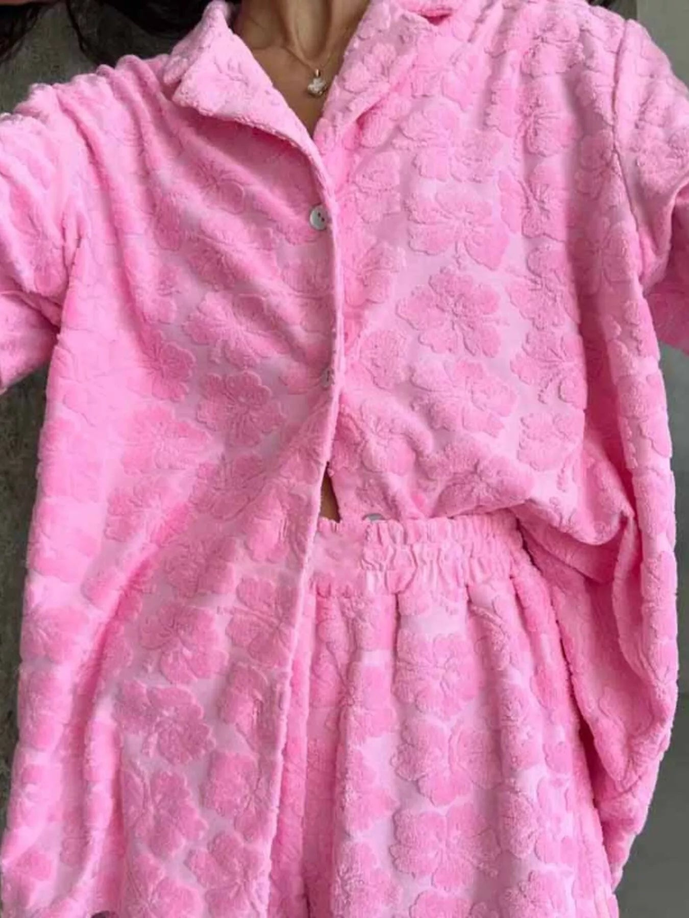 Floral Textured Button Up Shirt and Shorts Set Secondary image