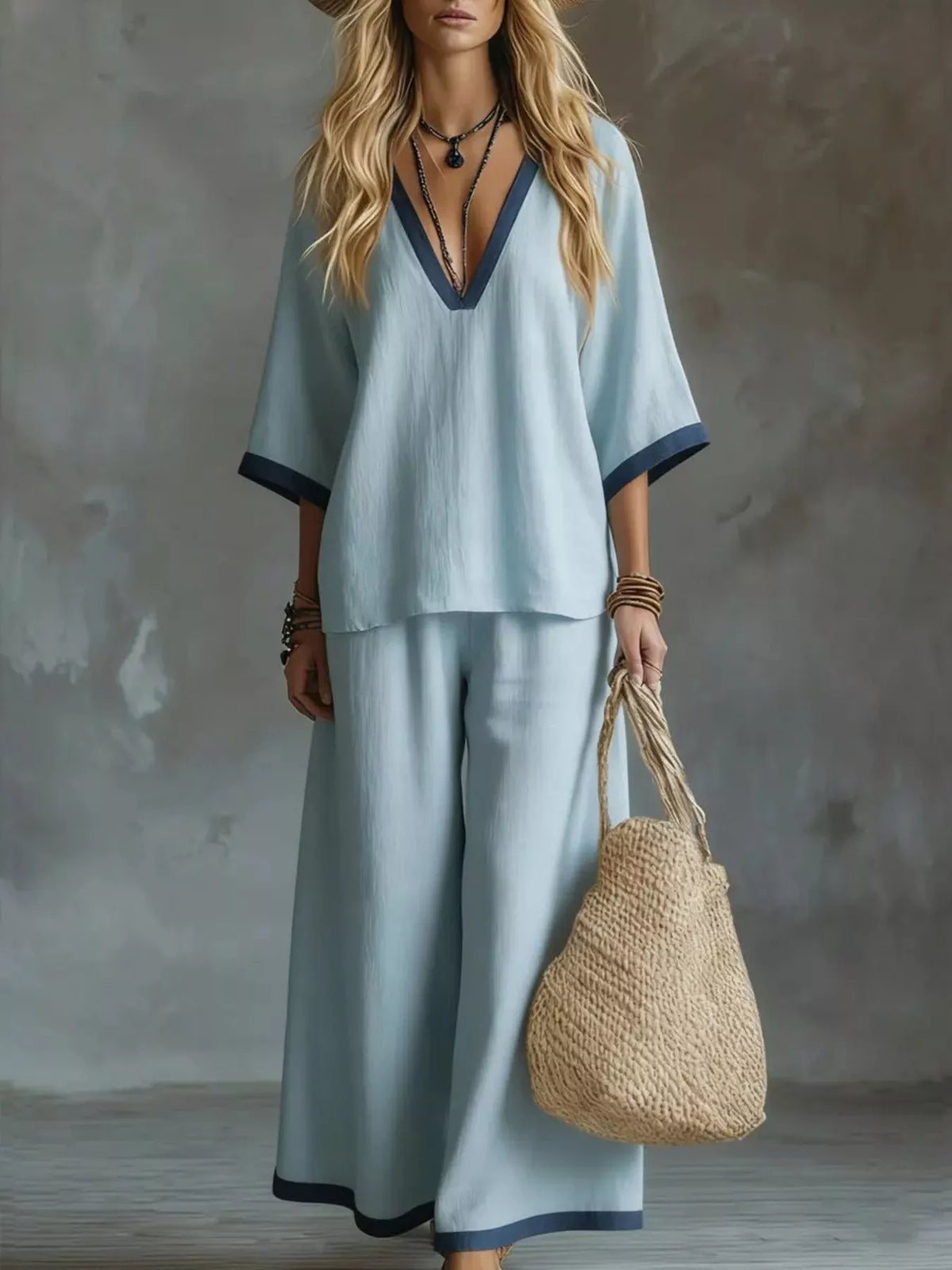 Full Size Contrast Trim V-Neck Top and Pants Set Plus Size - photo 7