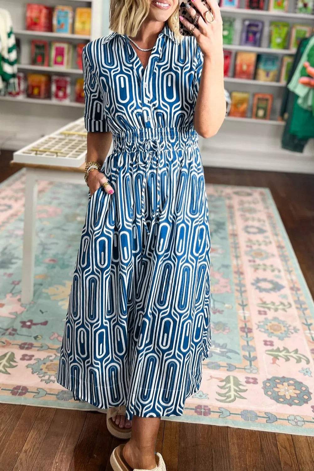 Geometric Print Short Sleeve Drawstring Shirt Collar Dress Secondary image