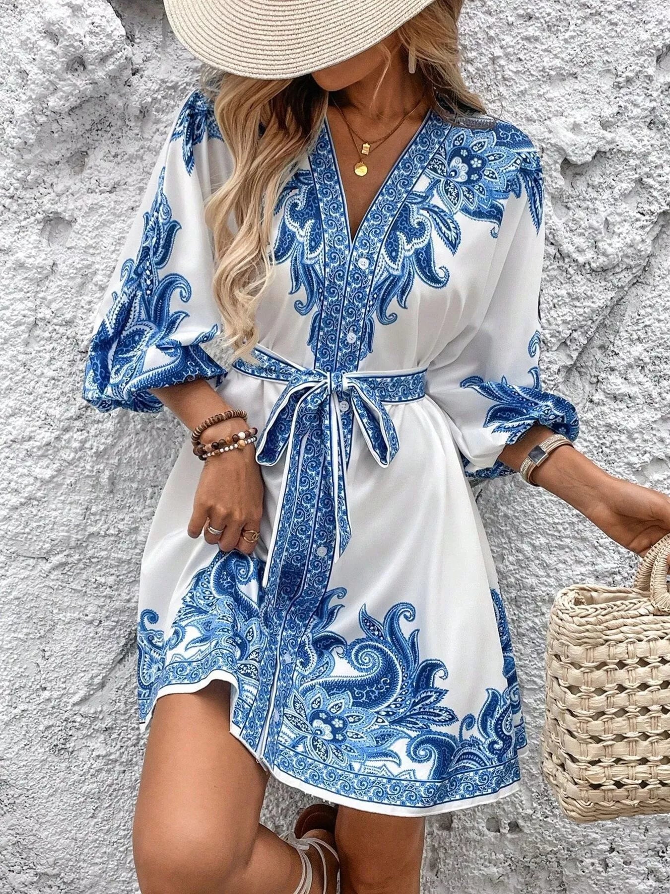 Paisley Print V-Neck Belted Mini Dress Secondary image