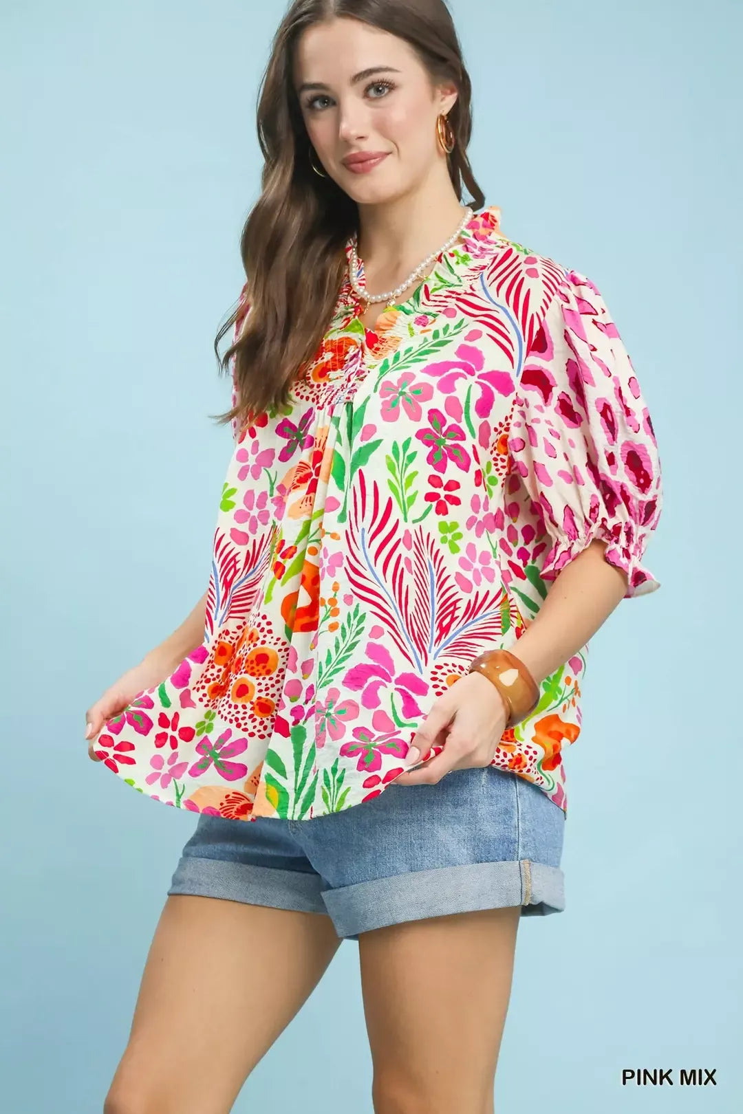 Umgee V-Neck Ruffle Trim Puff Sleeve Top Secondary image