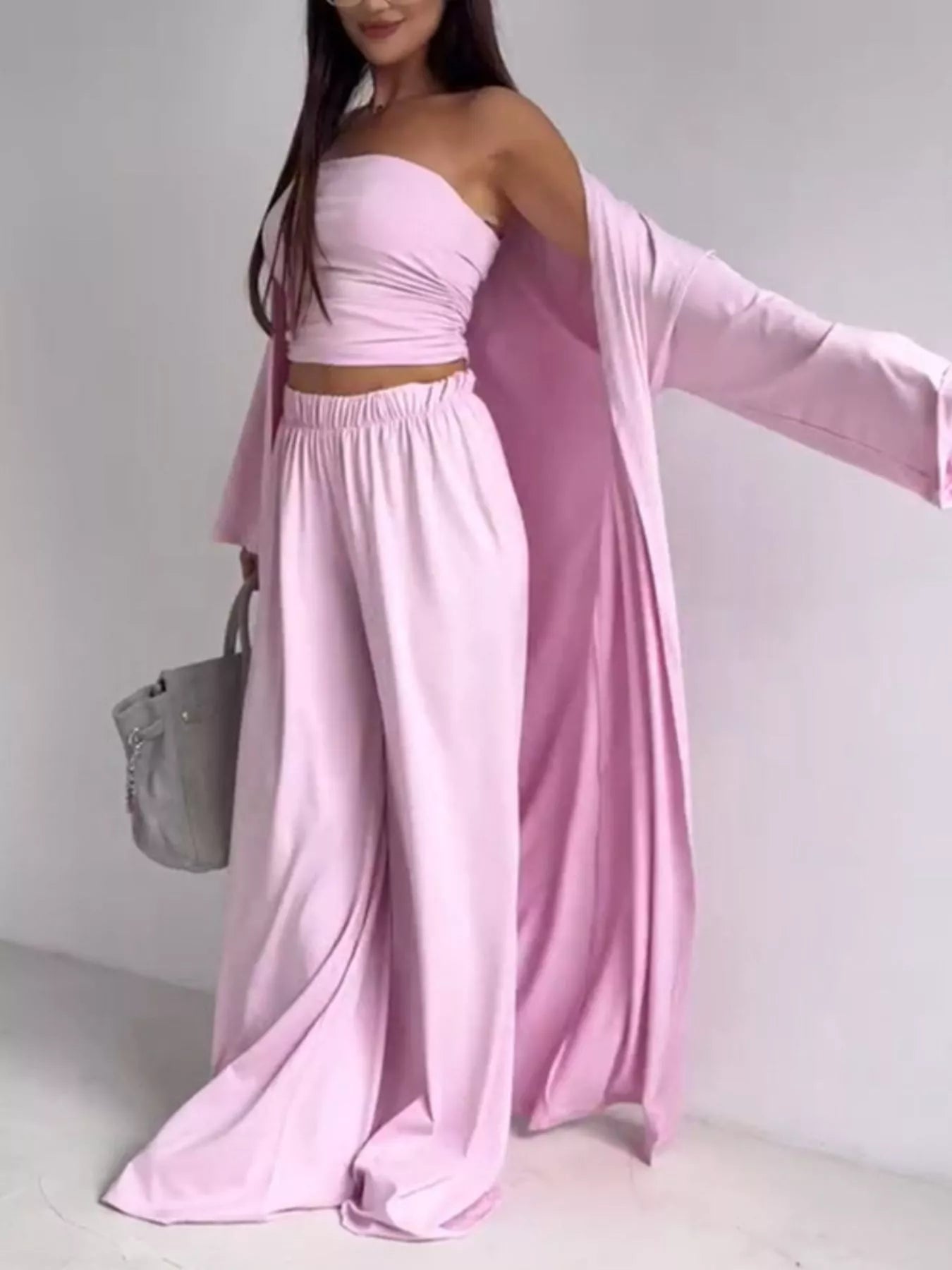 Tube Top & Cardigan & Wide Leg Pants 3-Piece Set Secondary image