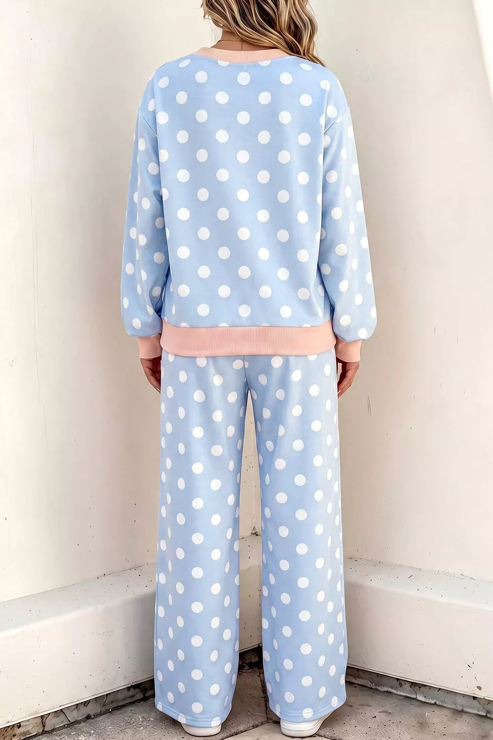 Polka Dot Contrast Trim Long Sleeve Top Drawstring Shift Pants Set Secondary image