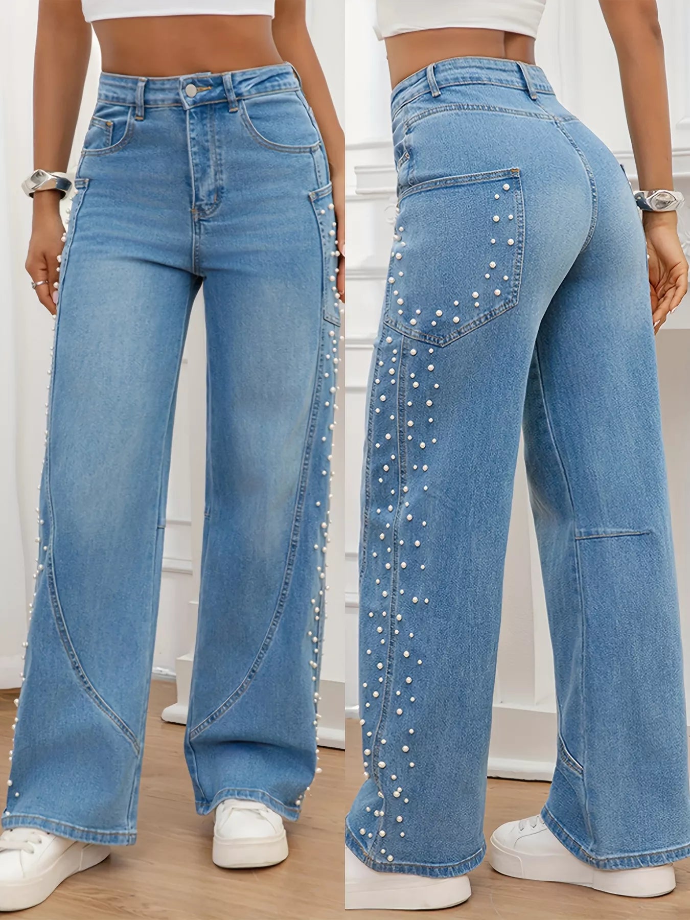 Pearl Embellished Wide Leg Jeans Secondary image