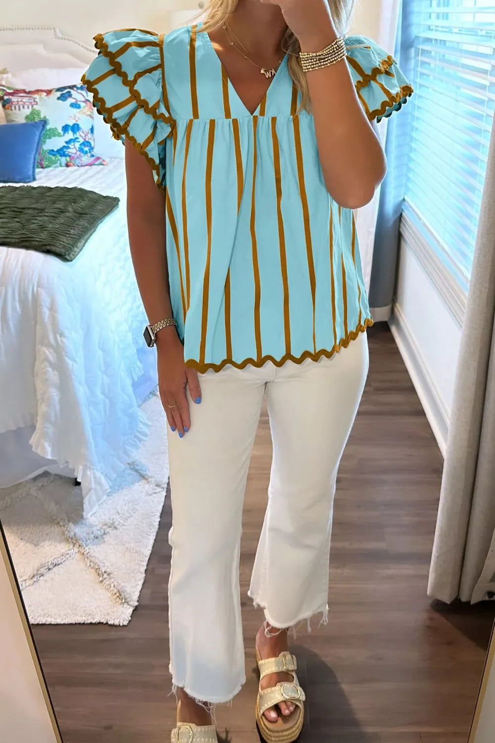 Stripe Ricrac Trim Double Ruffled Short Sleeve V Neck Blouse Secondary image