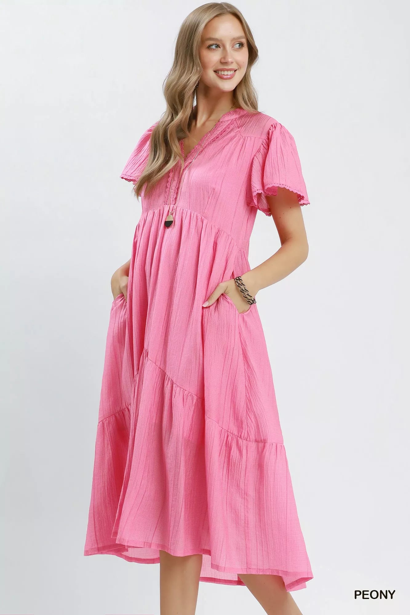 Umgee Textured Tiered Midi Dress with Side Pockets Secondary image