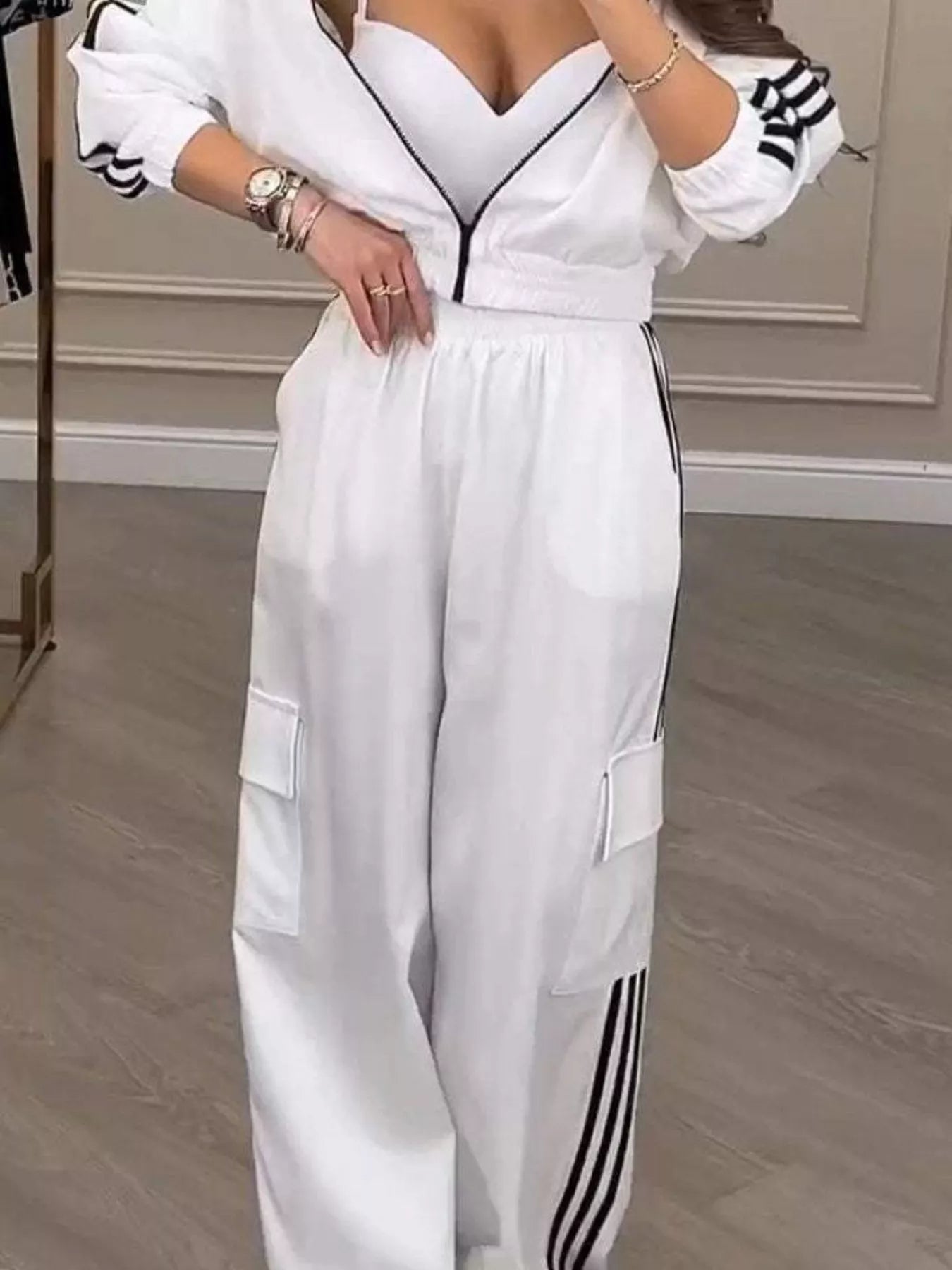 Full Size Side Striped Zip Up Outerwear and Pants Set Plus Size Secondary image
