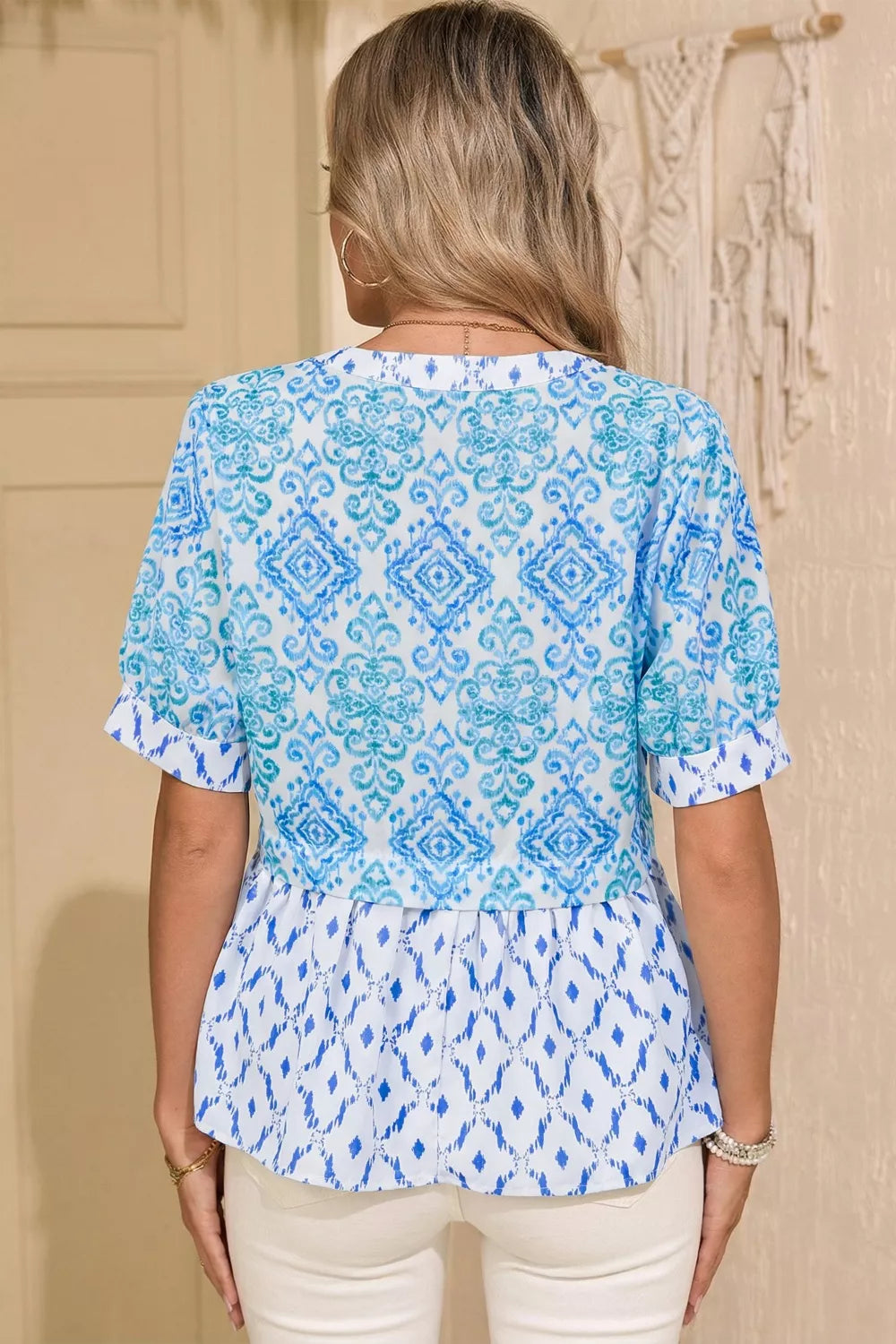 Floral Geometric Patchwork Short Puff Sleeve Babydoll Blouse Secondary image