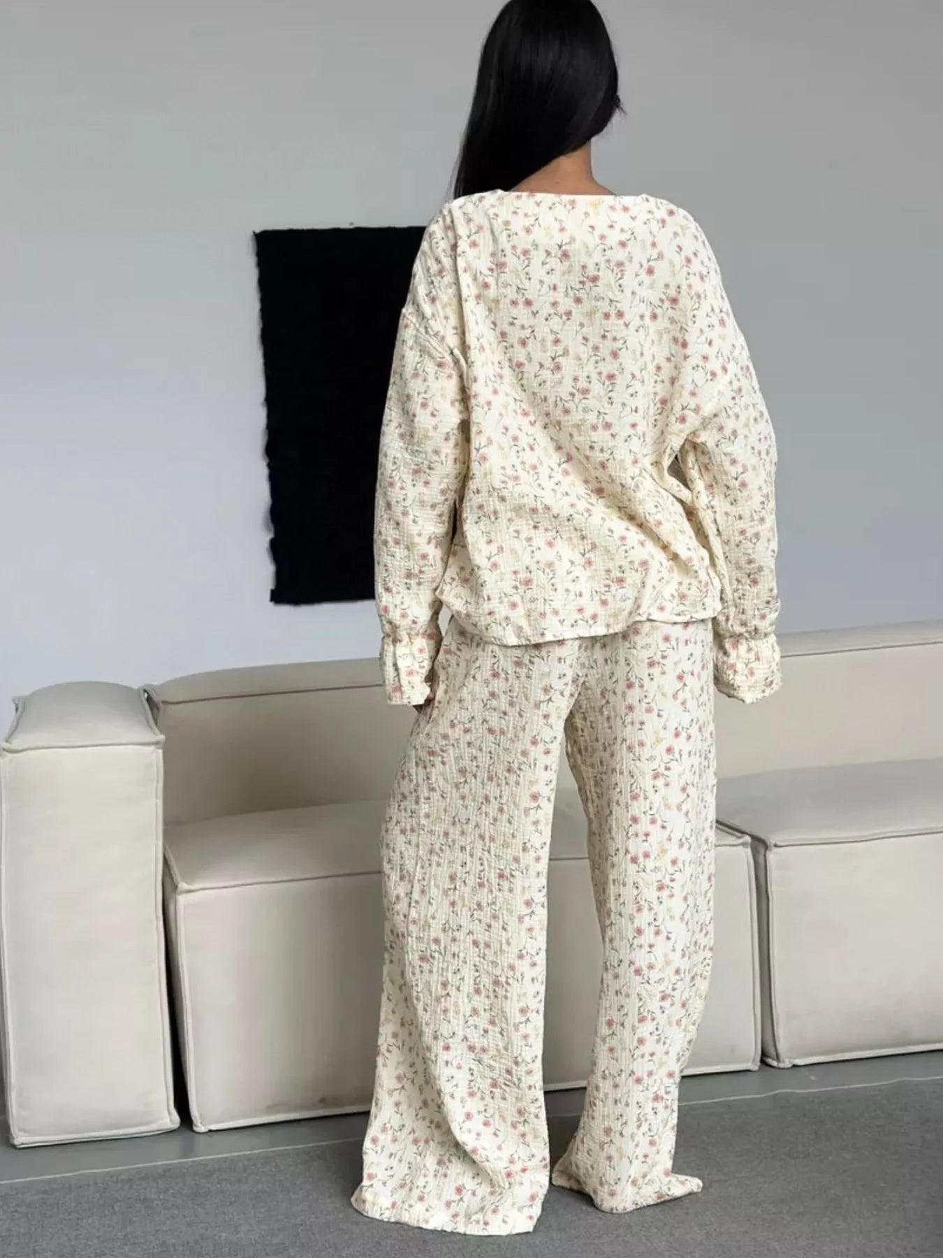Floral Print Button-Down Top and Pants Lounge Set Secondary image