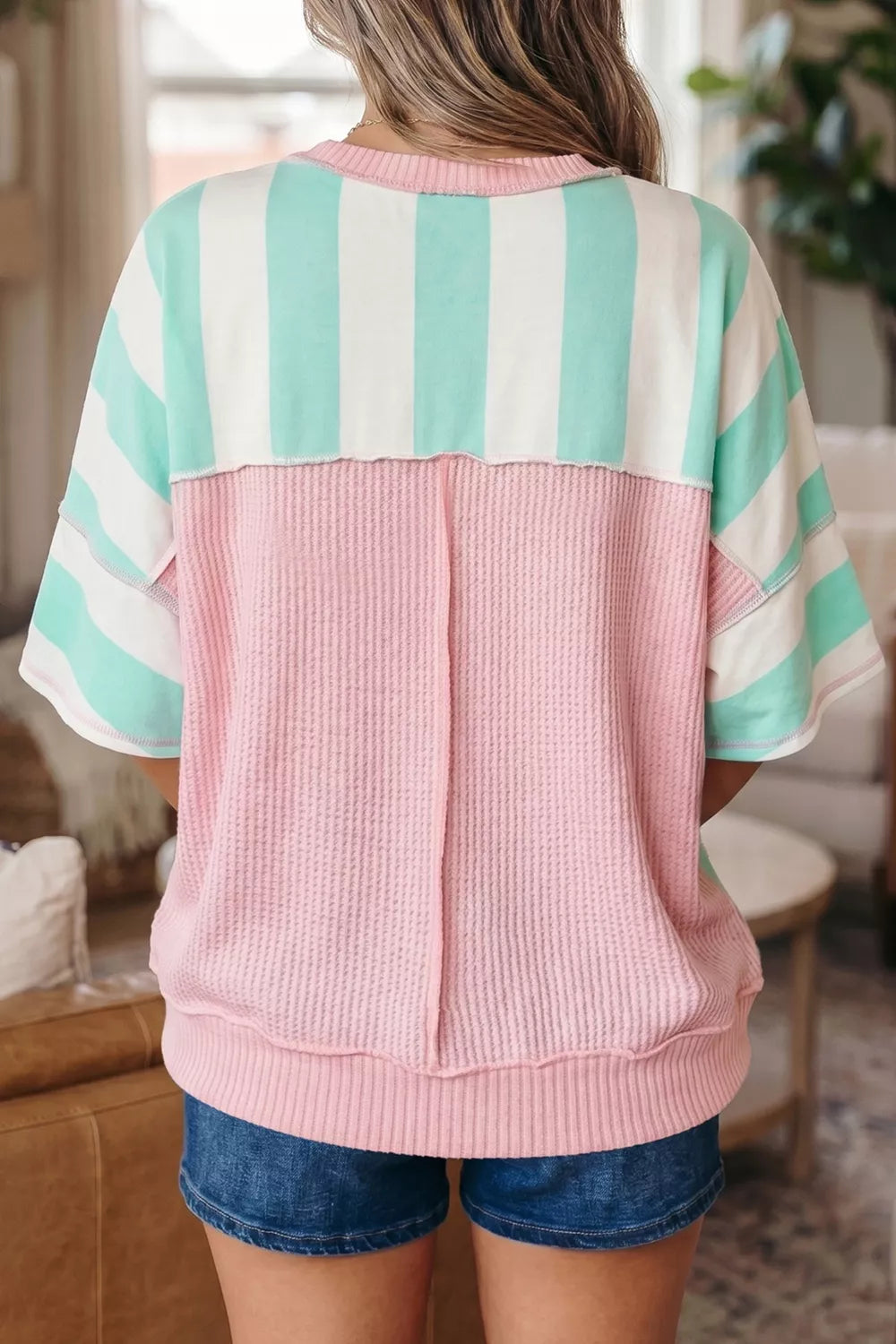 Stripe Exposed Seam Ribbed Patchwork Oversized Tee Secondary image