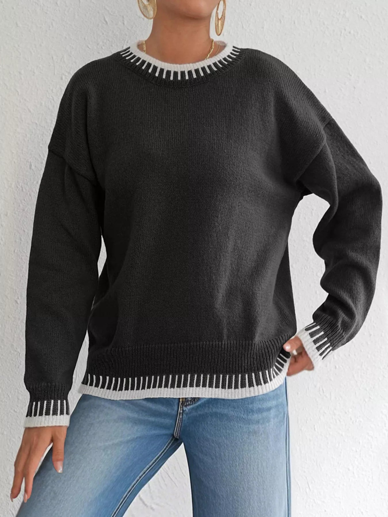 Contrast Trim Crew Neck Drop Shoulder Sweater Secondary image
