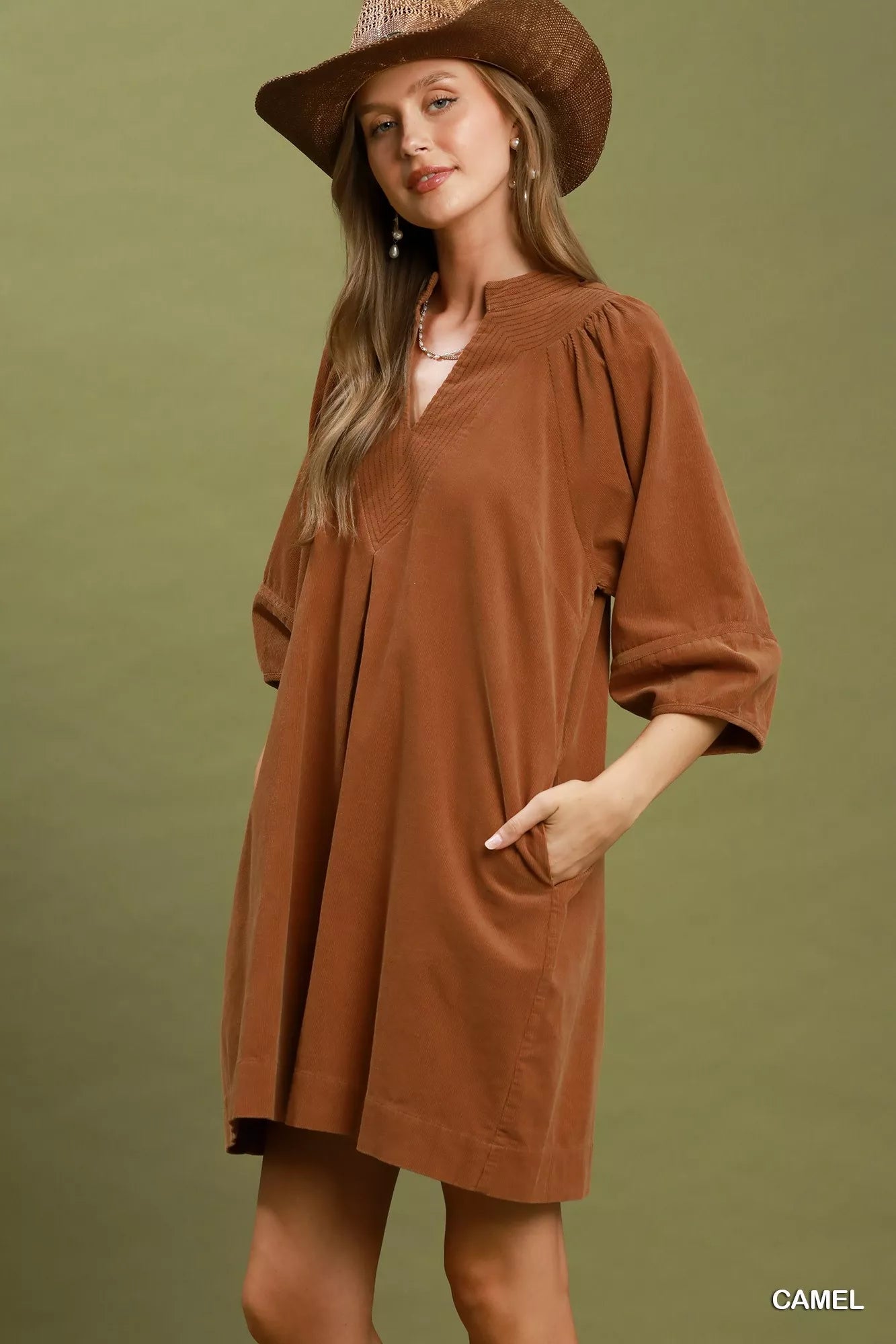 Umgee Corduroy V-Neck Puff Sleeve Shift Dress with Pockets Secondary image