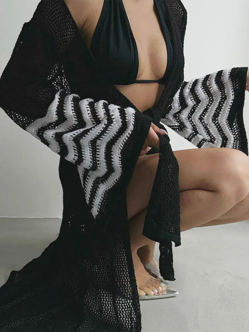 Openwork Striped Flare Sleeve Cover-Up Secondary image