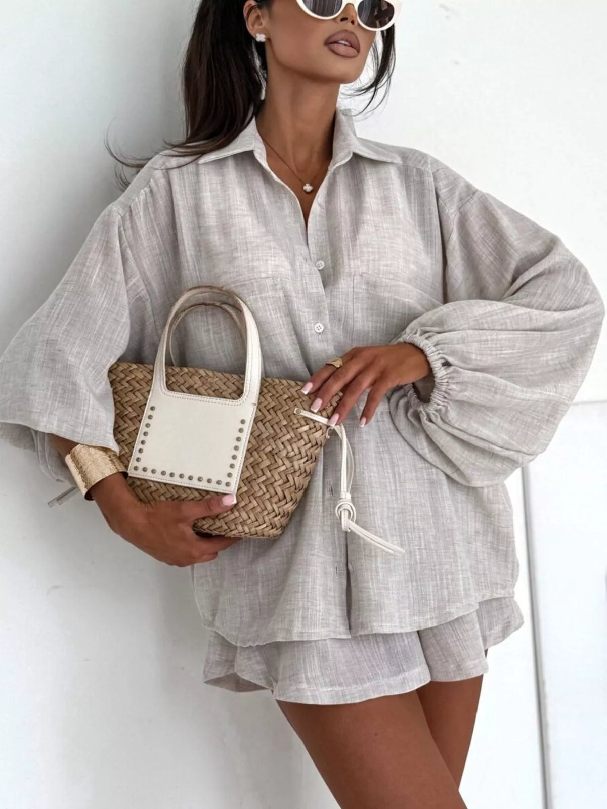 Long Sleeve Shirt and High-Waisted Shorts Set - photo 7