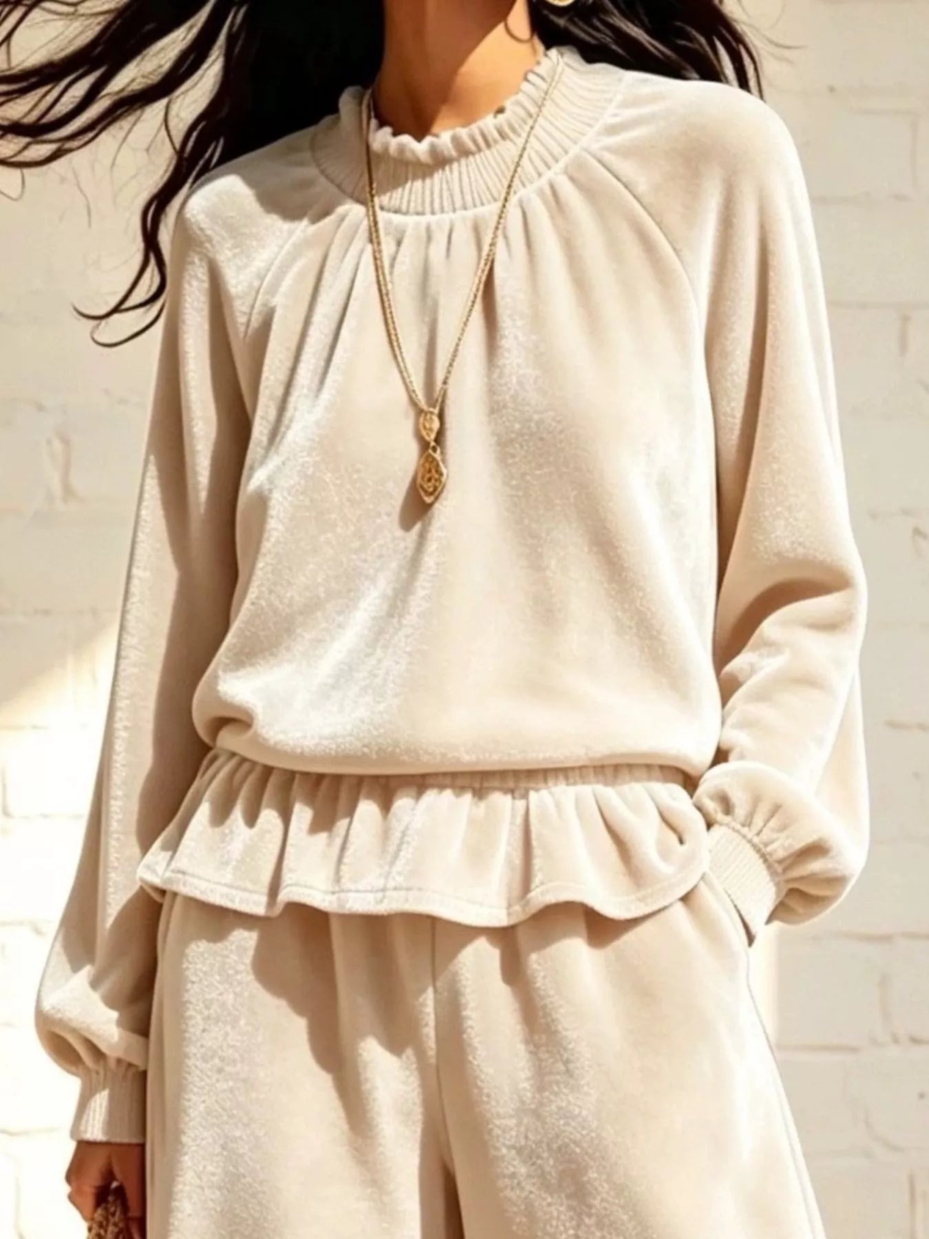 Velvet Peplum Top and Wide-Leg Pants Set Secondary image