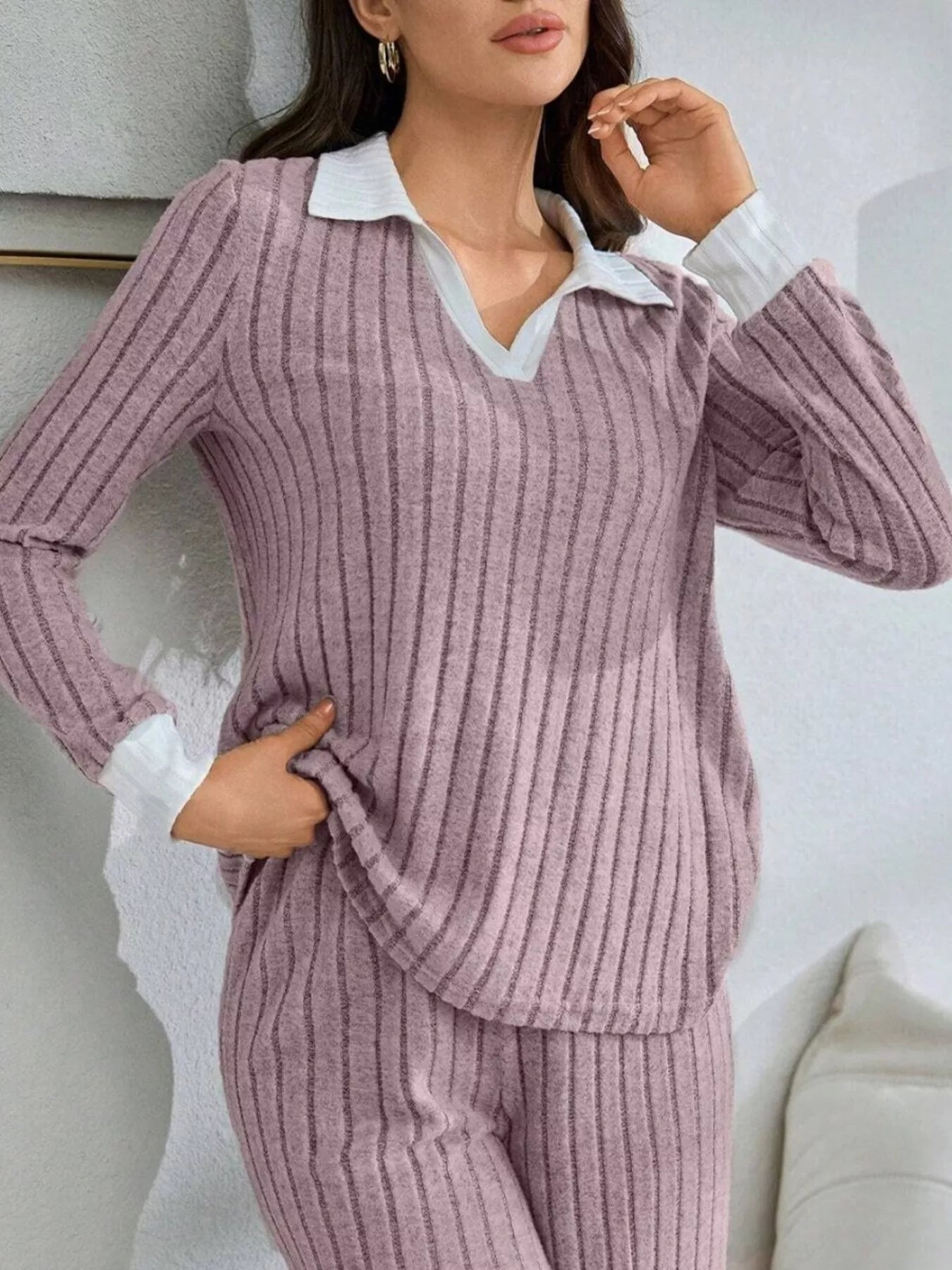 Ribbed Knit Polo Collar Top and Pants Lounge Set Secondary image