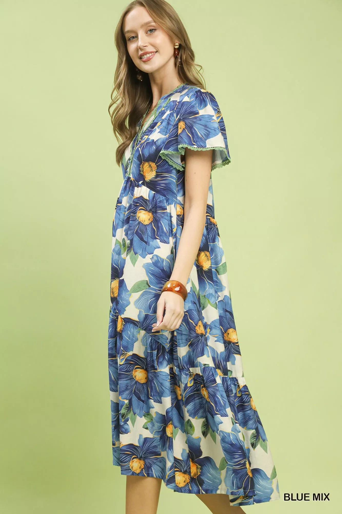 Umgee Tropical Floral V-Neck Flutter Sleeve Tiered Midi Dress Secondary image