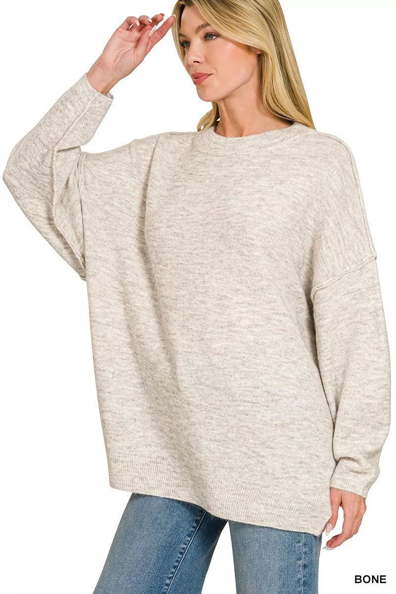 Zenana Oversized Round Neck Exposed Seam Melange Sweater Secondary image