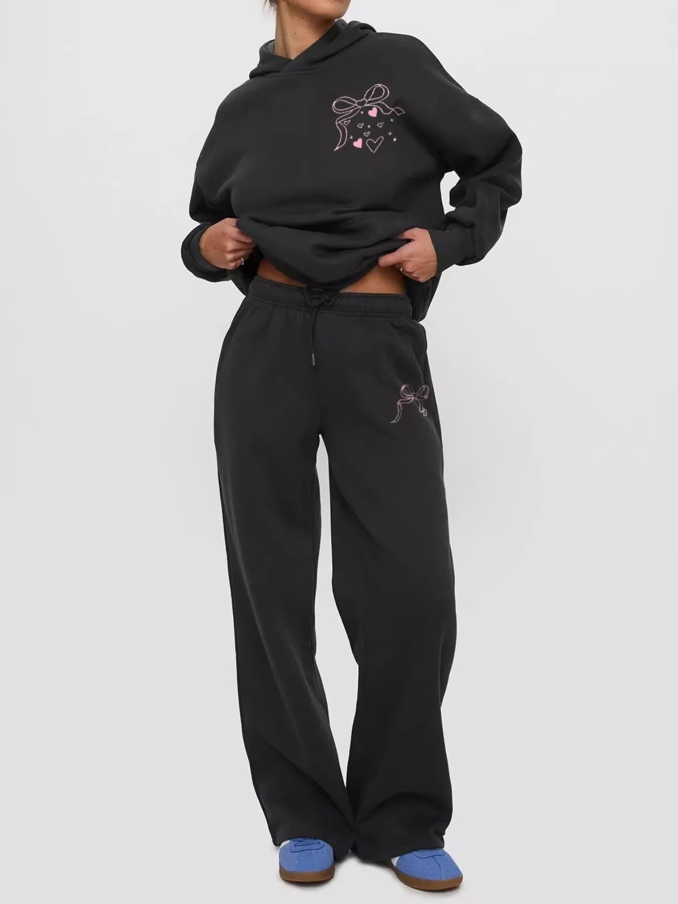 Bow and Heart Dropped Shoulder Hoodie and Pants Set Secondary image