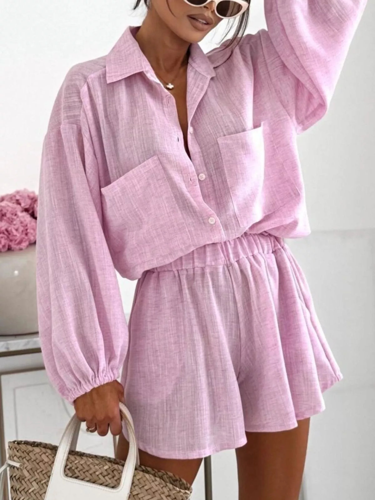 Long Sleeve Shirt and High-Waisted Shorts Set - photo 11