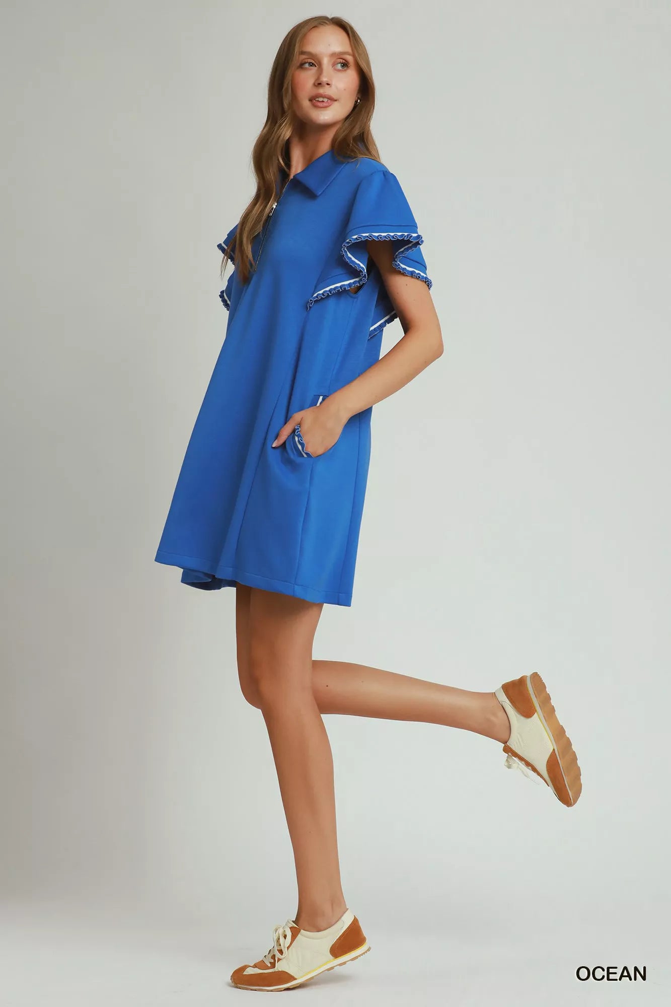 Umgee Half Zip Ruffle Rib Band Butterfy Sleeve Mini Dress with Pockets Secondary image