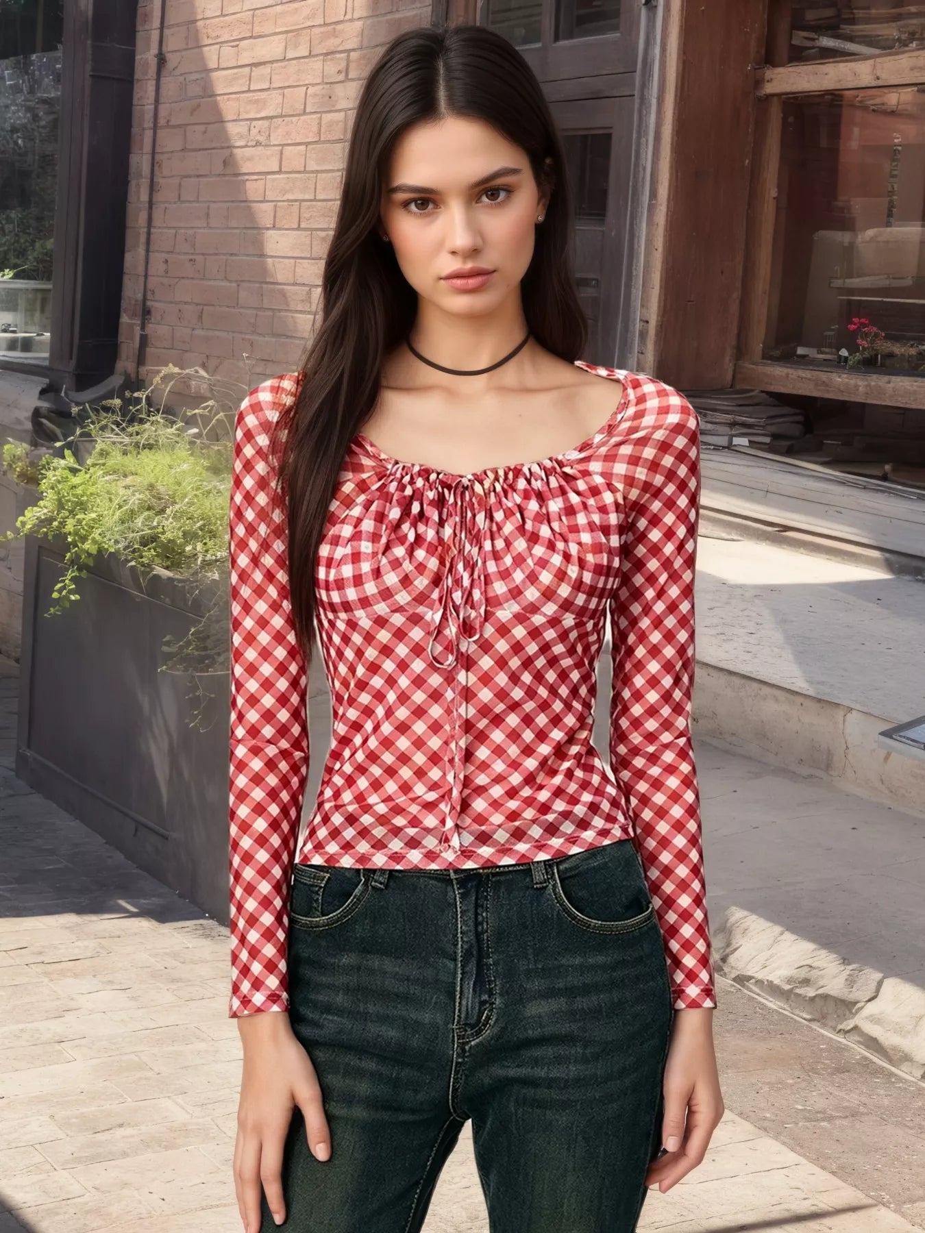 Gingham Tie Front Long Sleeve Blouse Secondary image