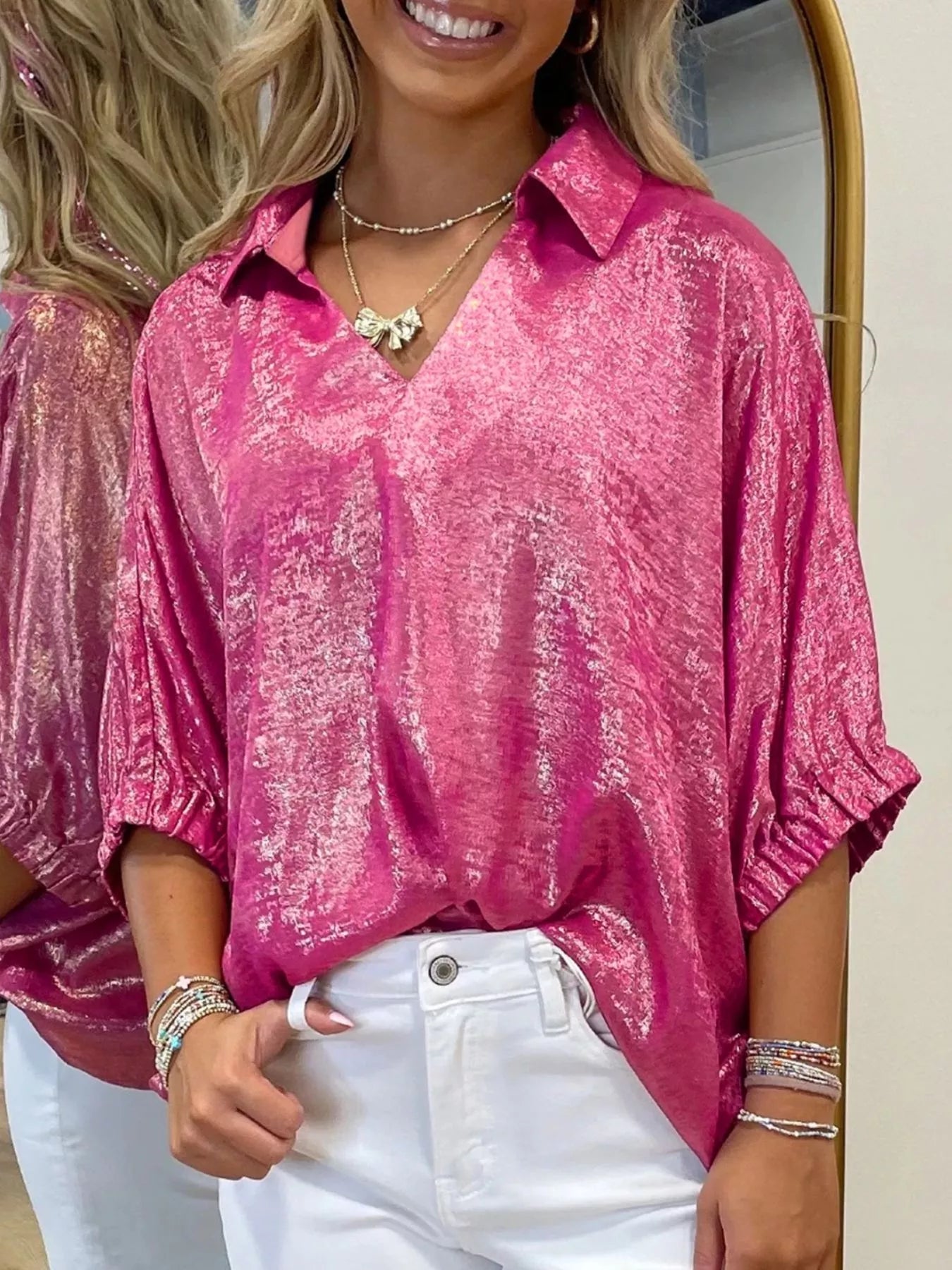 Collared V Neck Half Sleeve Metallic Top Secondary image